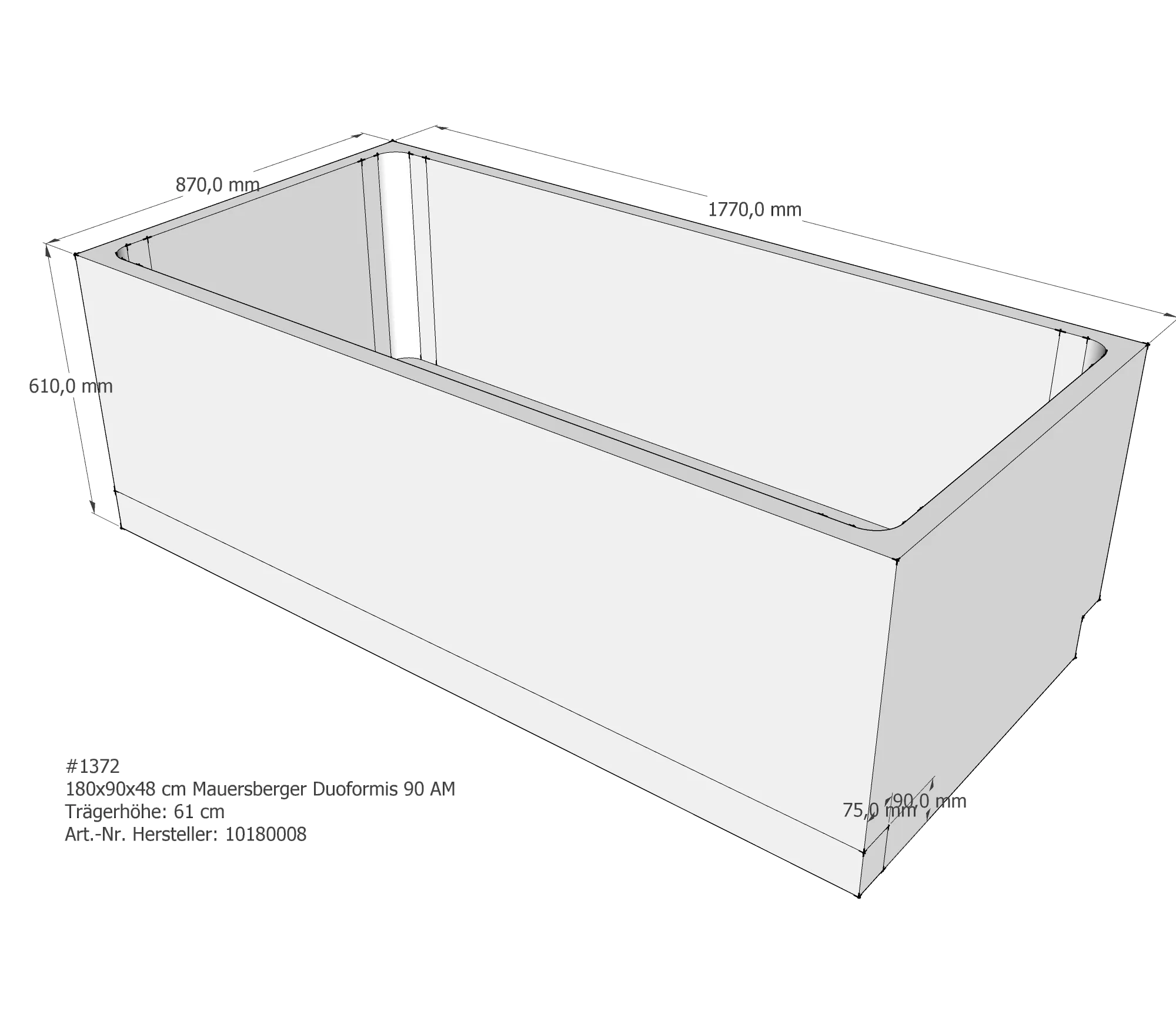Badewannenträger für Mauersberger Duoformis 90 180 × 90 × 48 cm