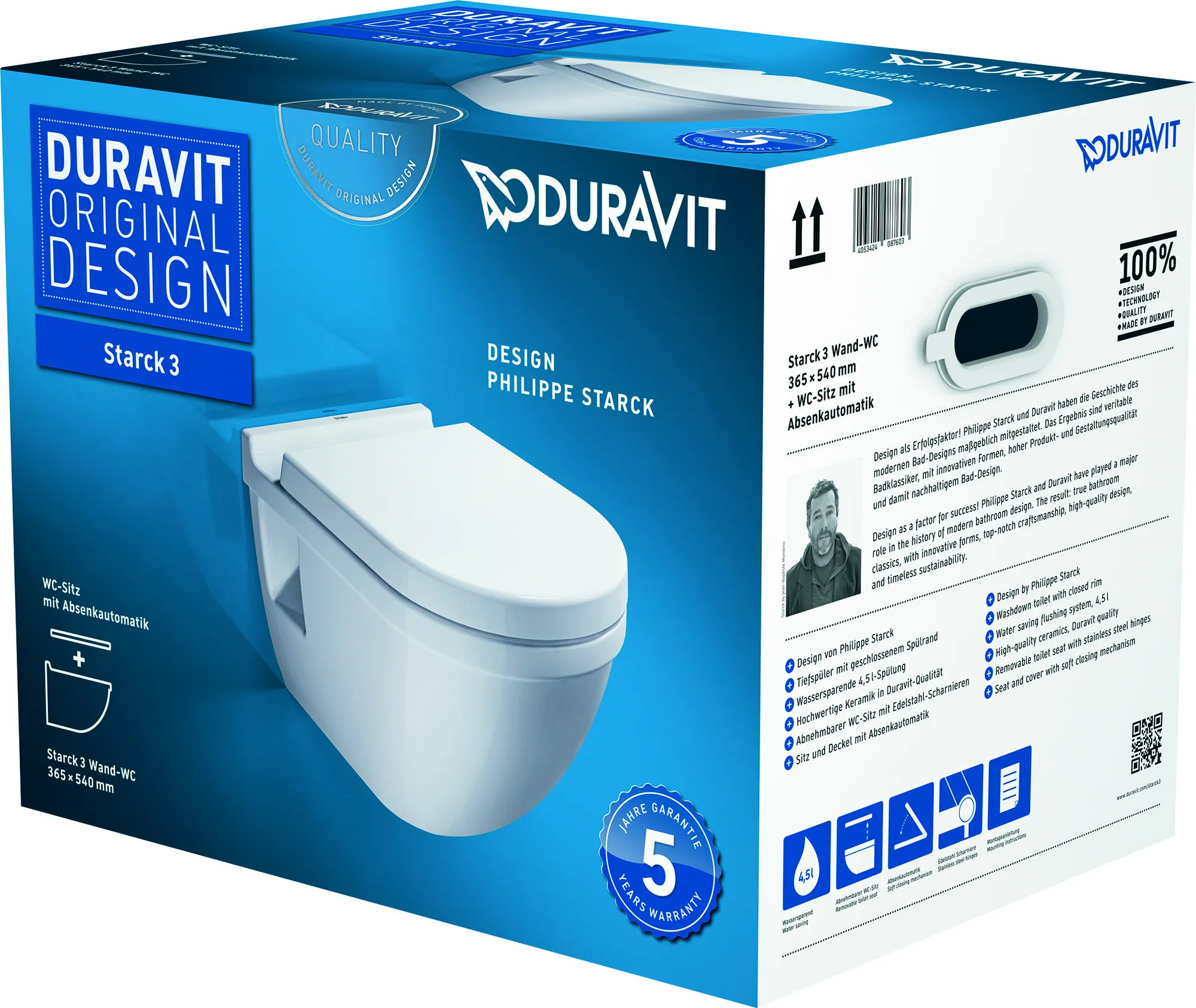 Duravit Wand-Tiefspül-WC inkl. WC-Sitz „Starck 3“ 37 × 54 × 40,5 cm, Befestigung sichtbar