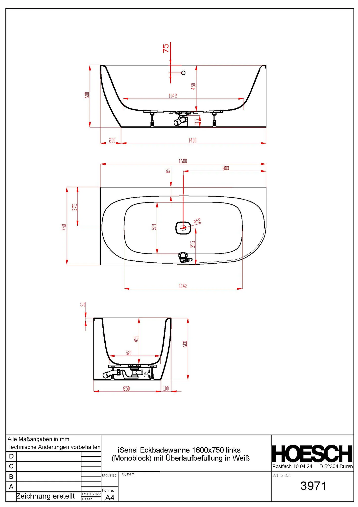 Hoesch Badewanne „iSensi“ Monolith eck, asymmetrisch 160 × 75 cm, mit Schürze, links in Weiß (glänzend) / Schwarz (matt)