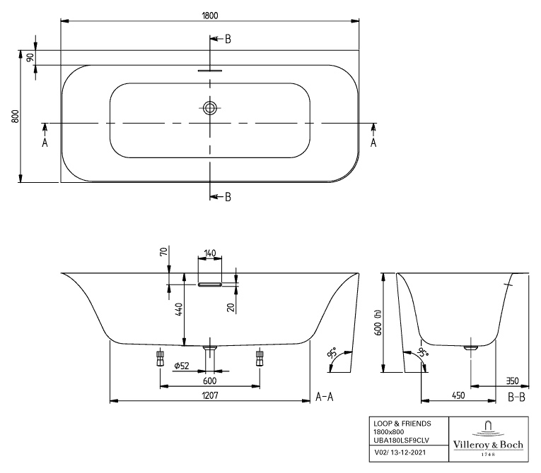 Villeroy & Boch Badewanne mit eckiger Innenform „Loop & Friends“ vorwand rechteck 180 × 80 cm, links 