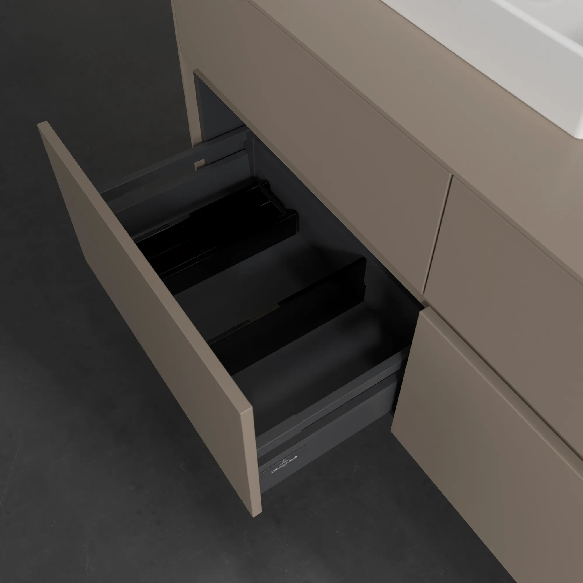 Villeroy & Boch Waschtischunterschrank „Collaro“ 1200 × 548 × 500 mm Taupe, mit Beleuchtung, für Becken links Villeroy & Boch Waschtischunterschrank „Collaro“ 1200 × 548 × 500 mm Taupe, mit Beleuchtung, für Becken links