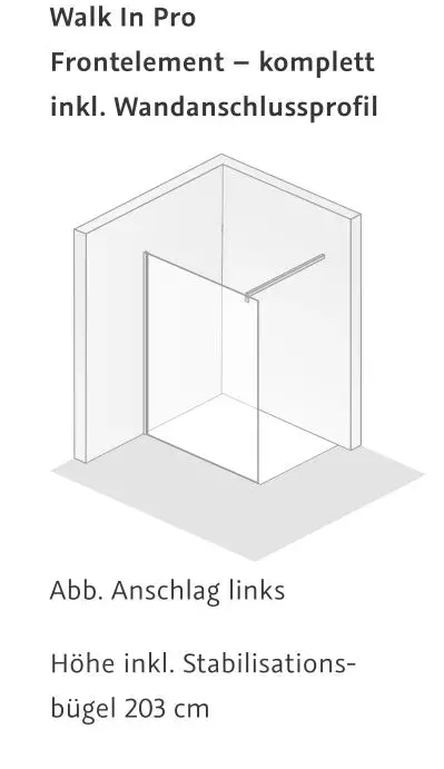 HSK Duschabtrennung Walk-In Glaselement Frontelement-Wandanschlussprofil für bauseitigen Einbau vorab inkl. Keder, Dichtschnur und Stabilisationsbügel „Walk In Pro“ Glas Mattglas, Profile Chromoptik (Alu Hochglanz poliert), H: 2000 mm