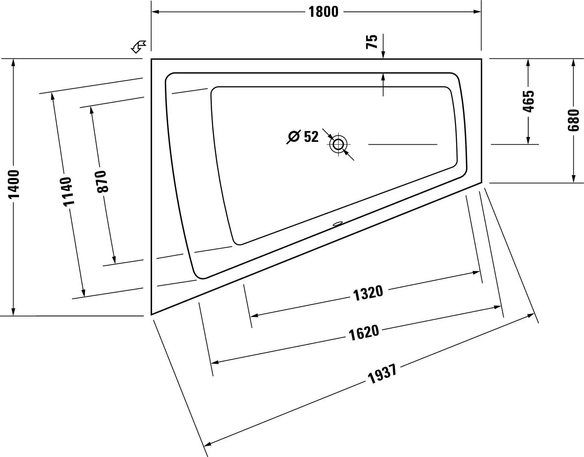 Duravit Badewanne „Paiova“ sonderform 180 × 140 cm, links