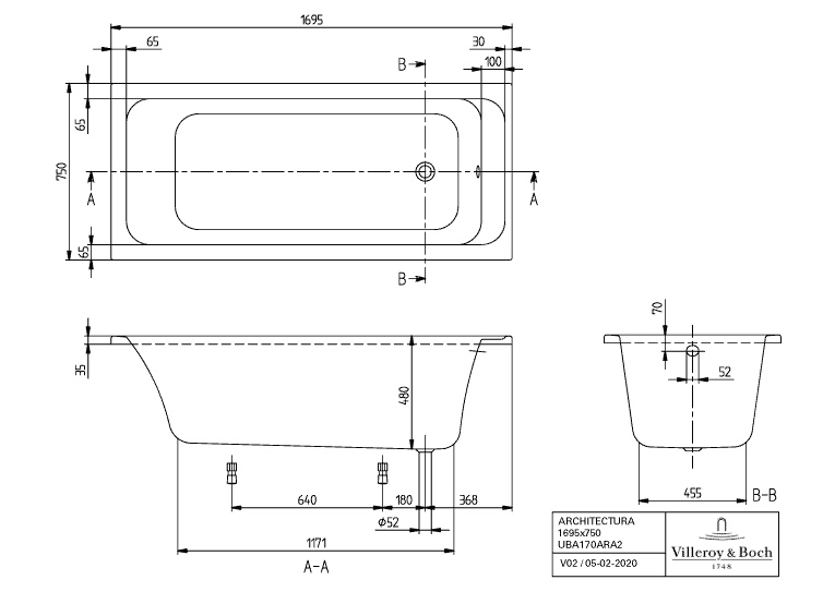 Villeroy & Boch Whirlsystem „Architectura“ mit Whirlsystem „Airpool Comfort“ rechteck 170 × 75 cm, rechteckig, Fußablauf 