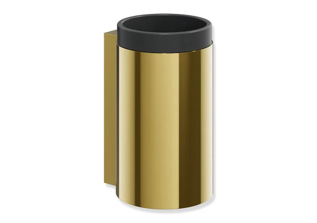 HEWI Becher mit Halter System 162, Edelstahl PVD, schwarz matt, Gold glänzend, Durchmesser 70 mm, Höhe 124 mm, Tiefe 85 mm