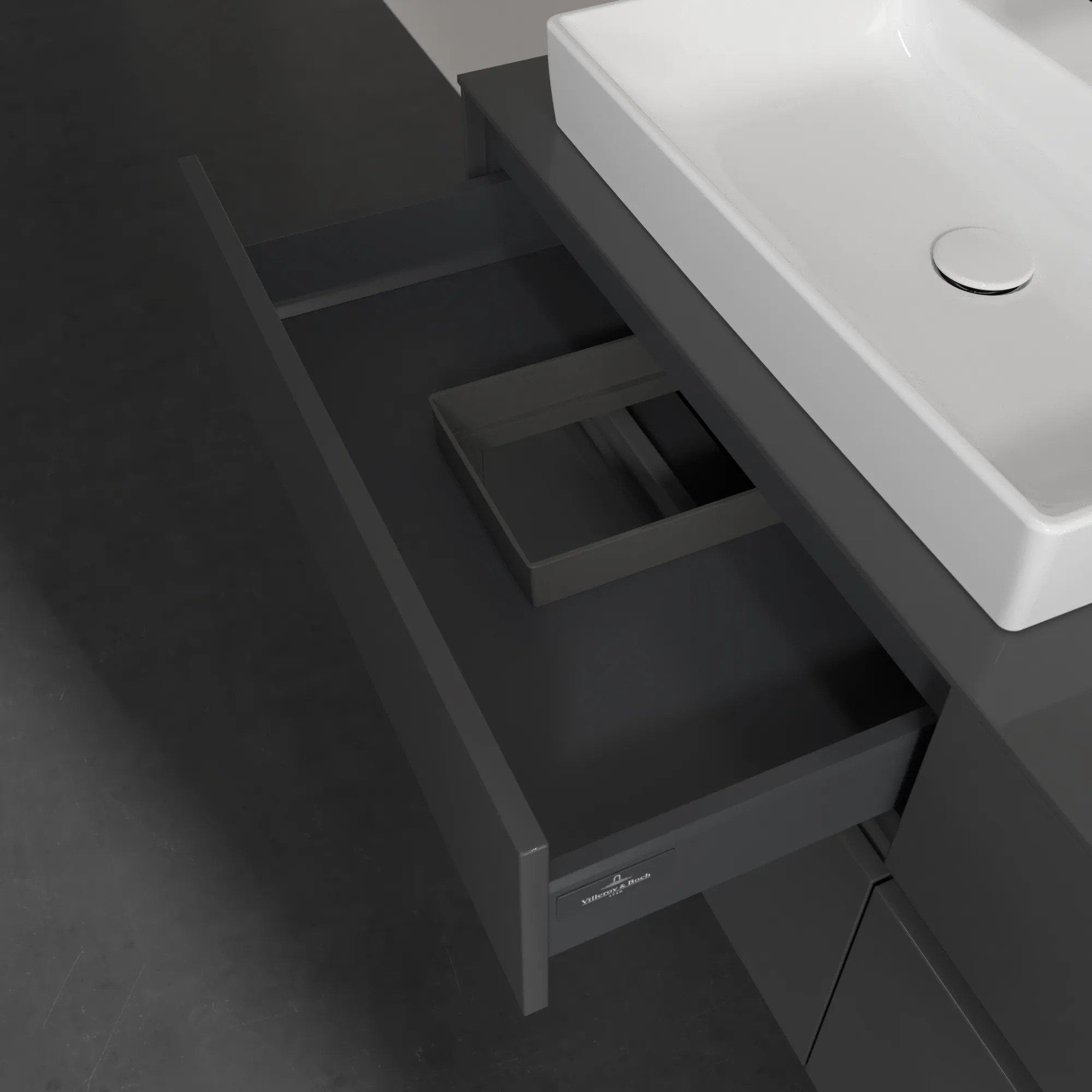 Villeroy & Boch Waschtischunterschrank „Collaro“ 1400 × 548 × 500 mm Glossy Grey, mit Beleuchtung, für Becken links