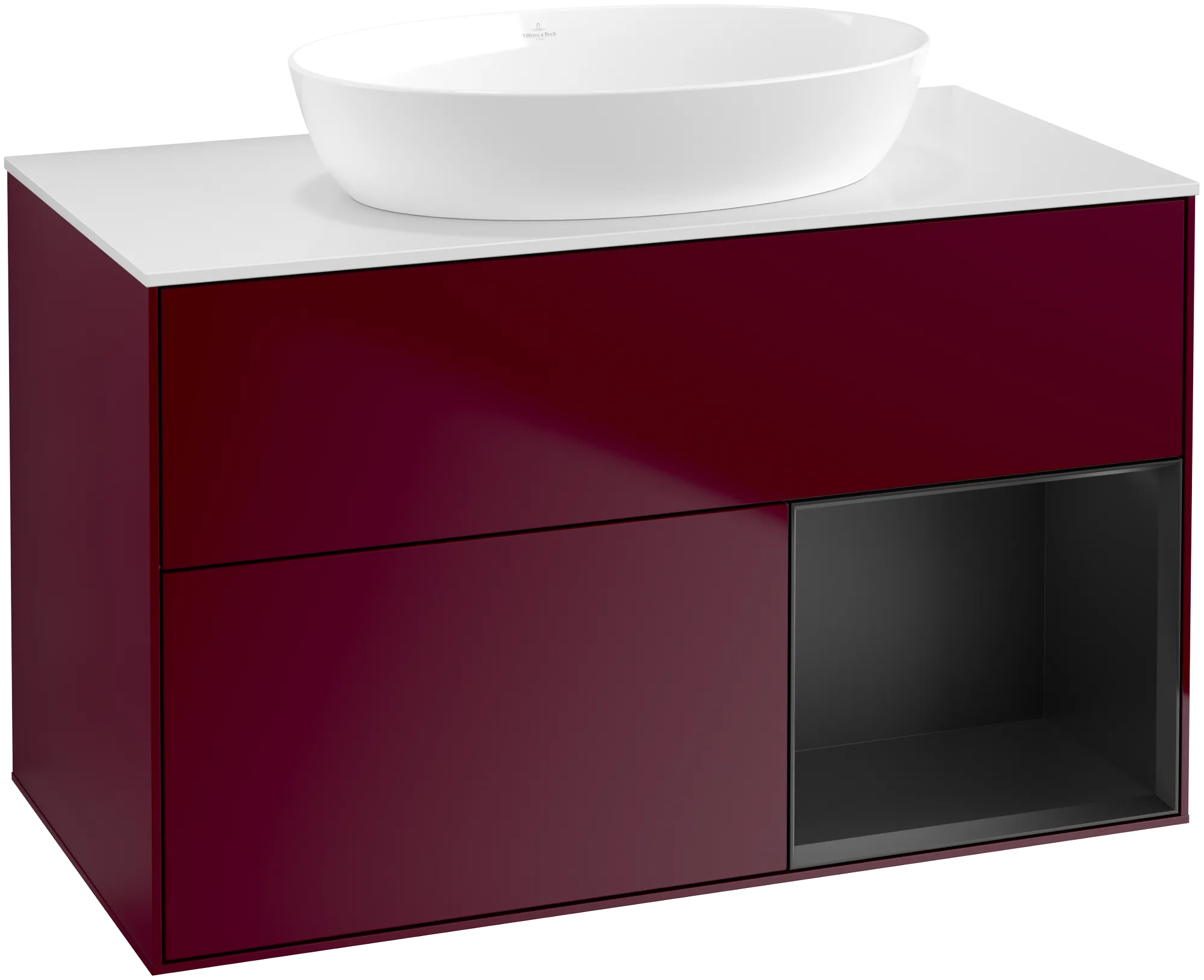 Villeroy & Boch Finion Waschbeckenunterschrank FA2, 1000 x 603 x 501 mm, Beleuchtung, 2 Auszüge, Peony Matt Lacquer / Black Matt Lacquer / Glass White