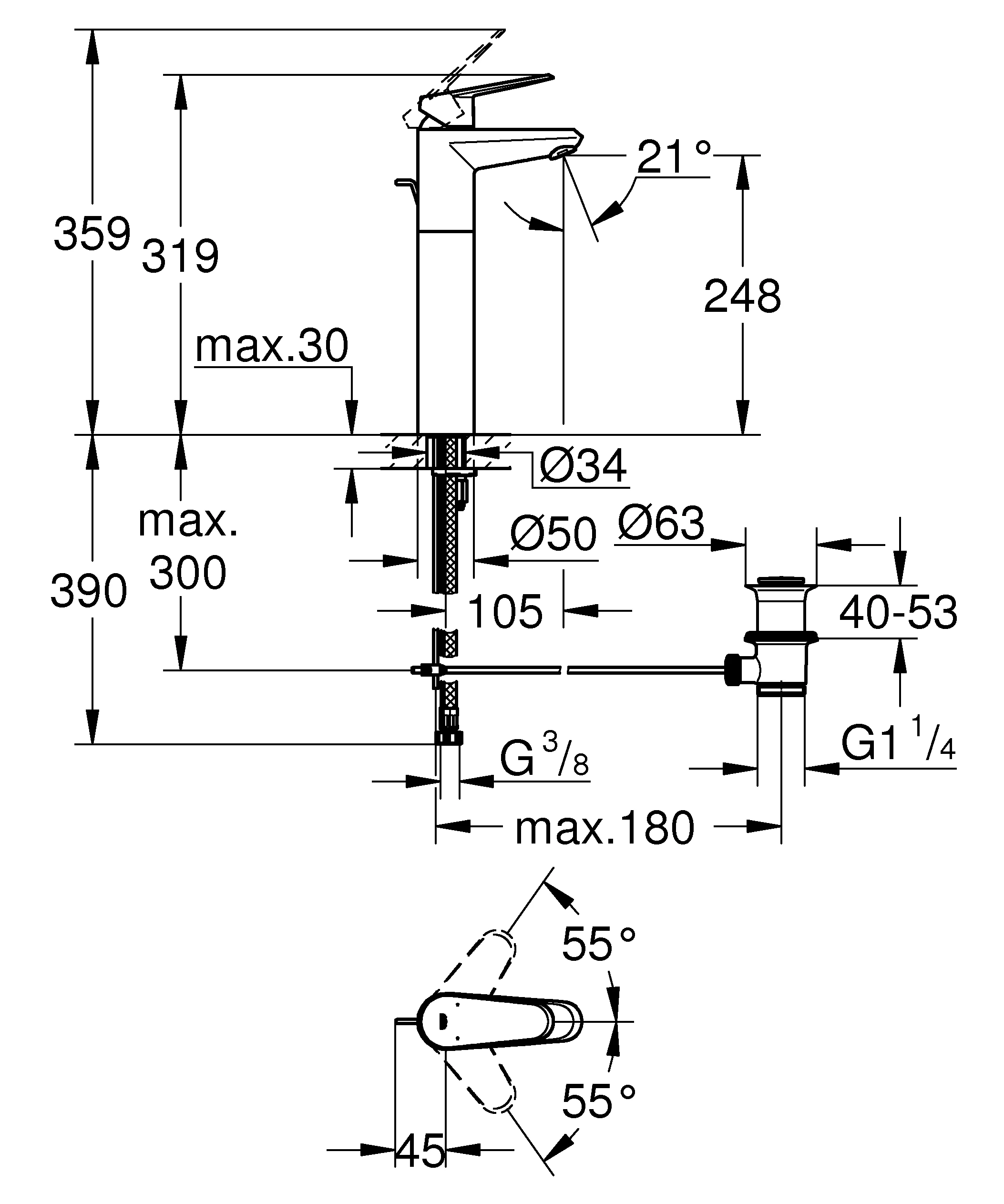 Einhand-Waschtischbatterie Eurodisc Cosmopolitan 23055_2, XL-Size, Einlochmontage, Zugstangen-Ablaufgarnitur 1 1/4'', chrom