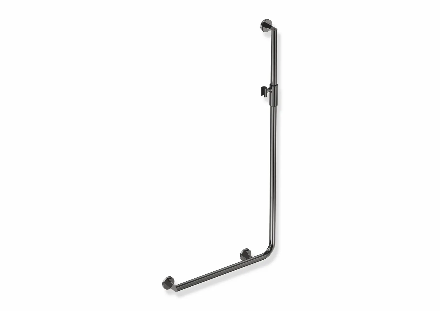 HEWI Winkelgriff mit Brausehalter, Edelstahl, PVD, waagerechte Länge 600 mm, senkrechte Länge 1250 mm, links