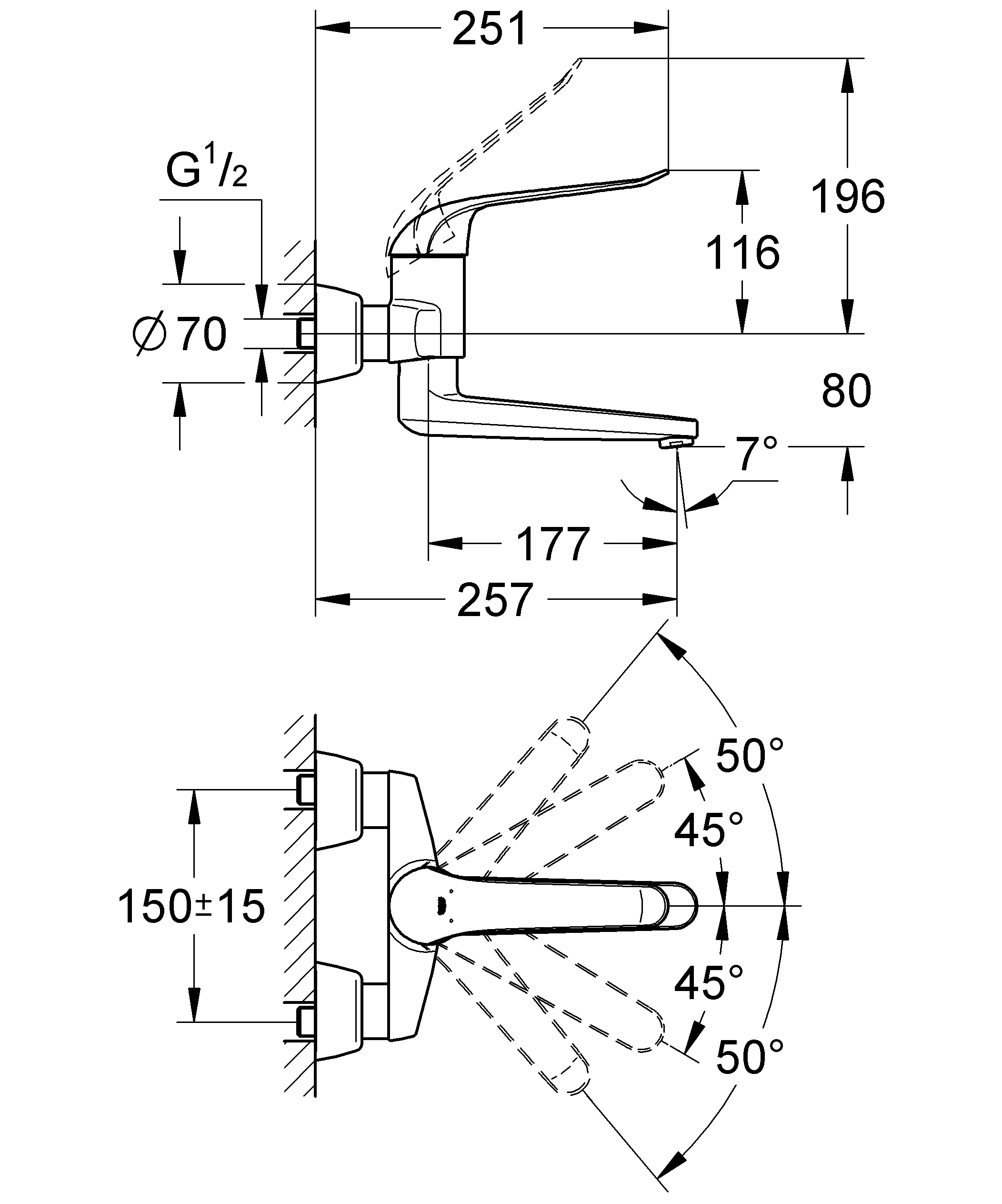 Einhand-Waschtischbatterie Euroeco Special 32773, Wandmontage, Ausladung 257 mm, 46 mm Keramikkartusche, Hebellänge 170 mm, chrom