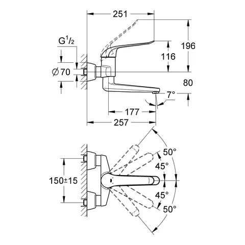 Einhand-Waschtischbatterie Euroeco Special 32773, Wandmontage, Ausladung 257 mm, 46 mm Keramikkartusche, Hebellänge 170 mm, chrom Einhand-Waschtischbatterie Euroeco Special 32773, Wandmontage, Ausladung 257 mm, 46 mm Keramikkartusche, Hebellänge 170 mm, chrom