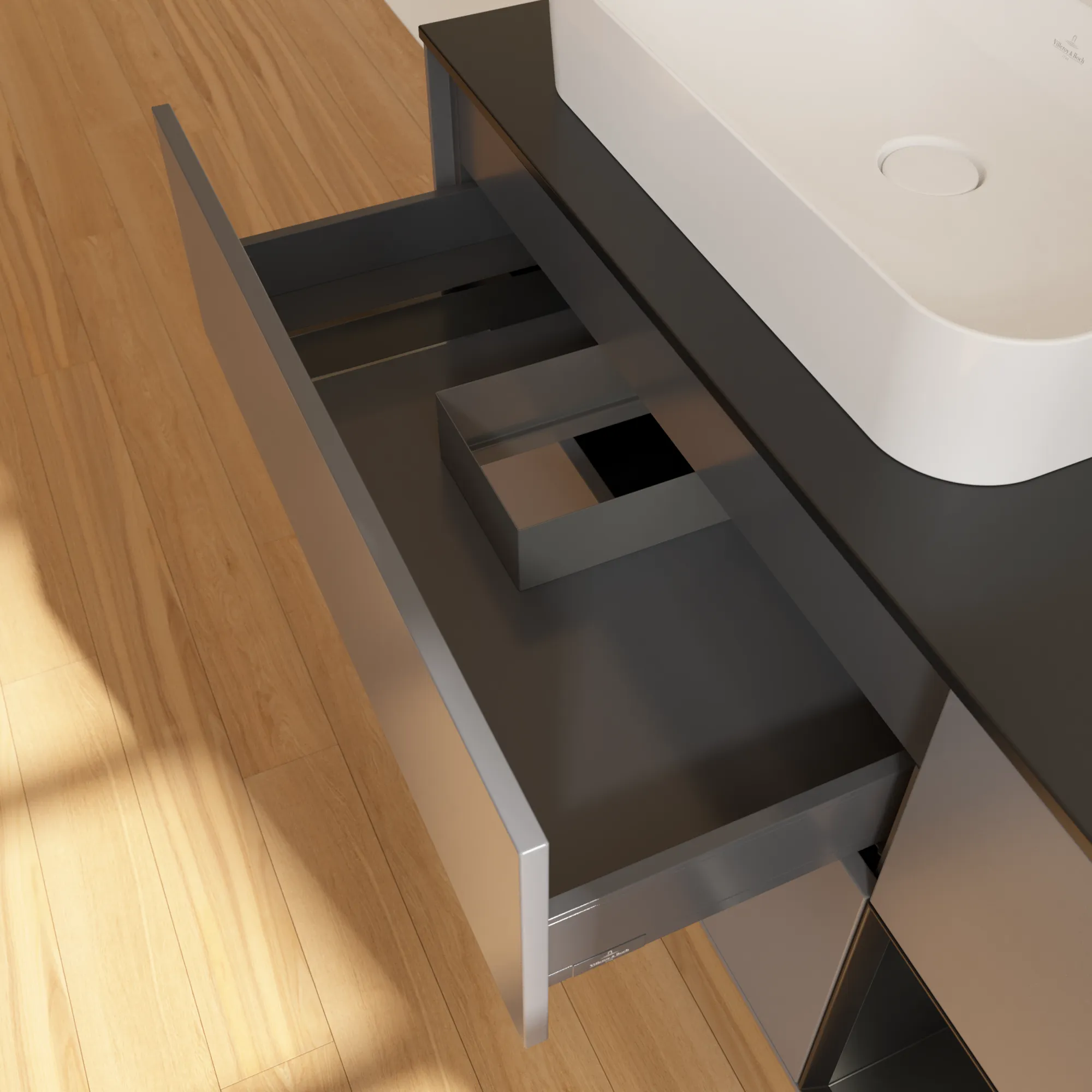 Villeroy & Boch Waschtischunterschrank „Finion“ für Schrankwaschtisch 1200 × 603 × 501 mm Anthracite Matt Lacquer, für Becken links Villeroy & Boch Waschtischunterschrank „Finion“ für Schrankwaschtisch 1200 × 603 × 501 mm Anthracite Matt Lacquer, für Becken links