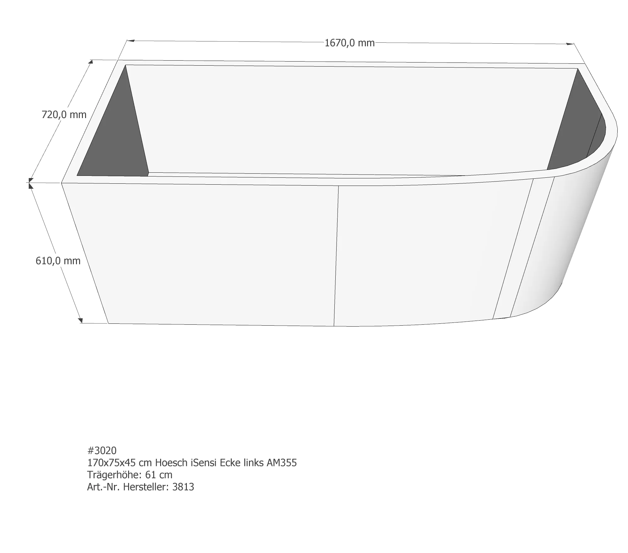 Badewannenträger für Hoesch iSensi links 170 × 75 × 45 cm Badewannenträger für Hoesch iSensi links 170 × 75 × 45 cm