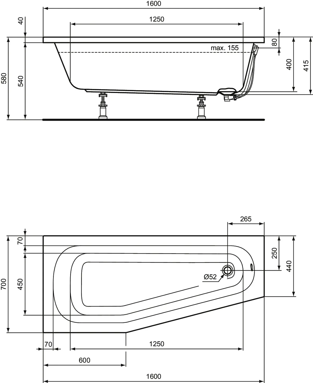 Ideal Standard Badewanne „HotlineNeu“ 70 × 160 cm
