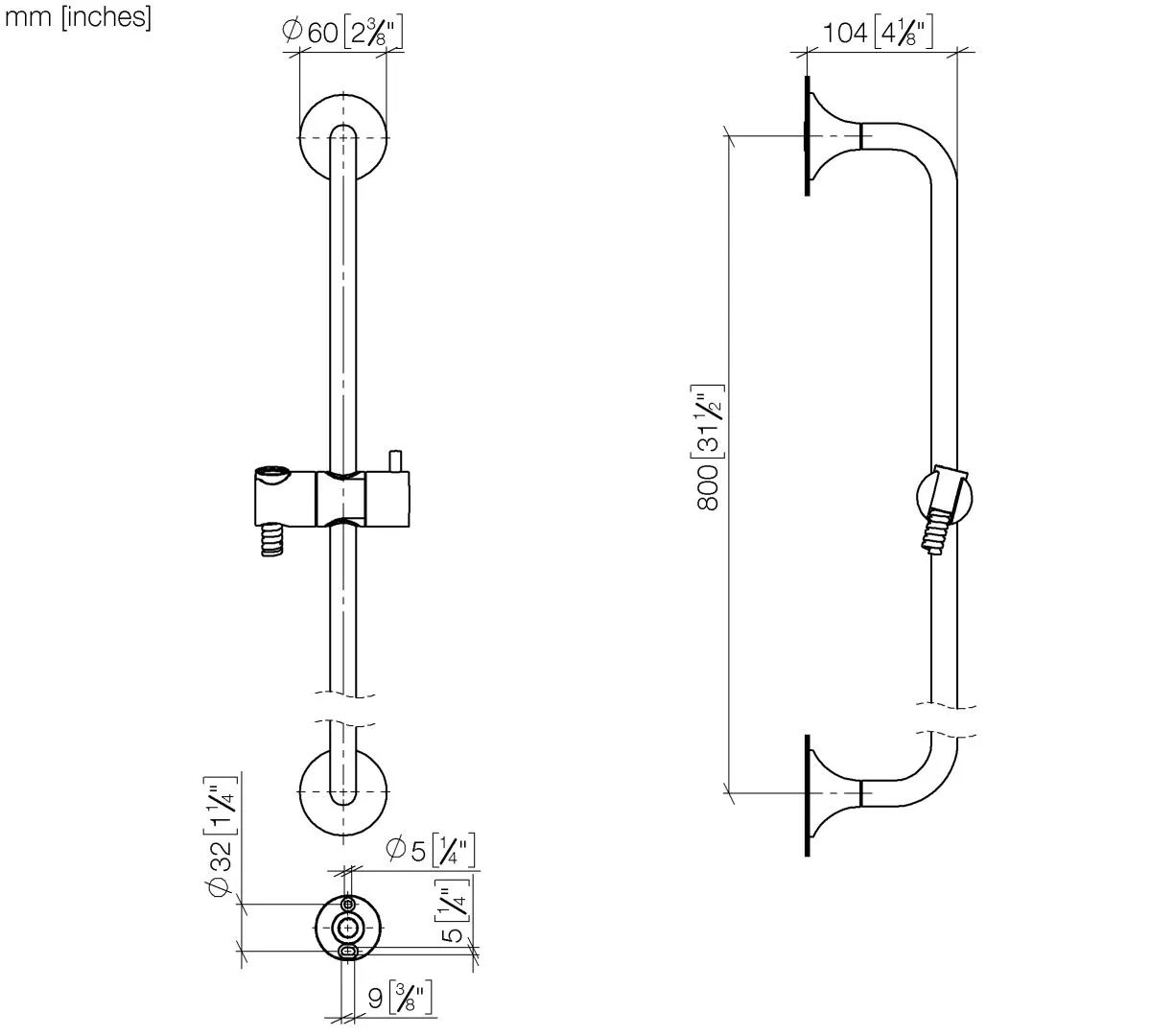 Dornbracht Duschgarnitur VAIA Serie Dark Bronze gebürstet PVD, Stichmaß 800 mm, Rosette Ø 60 mm, Metallbrauseschlauch 1700 mm mit Verdrehschutz