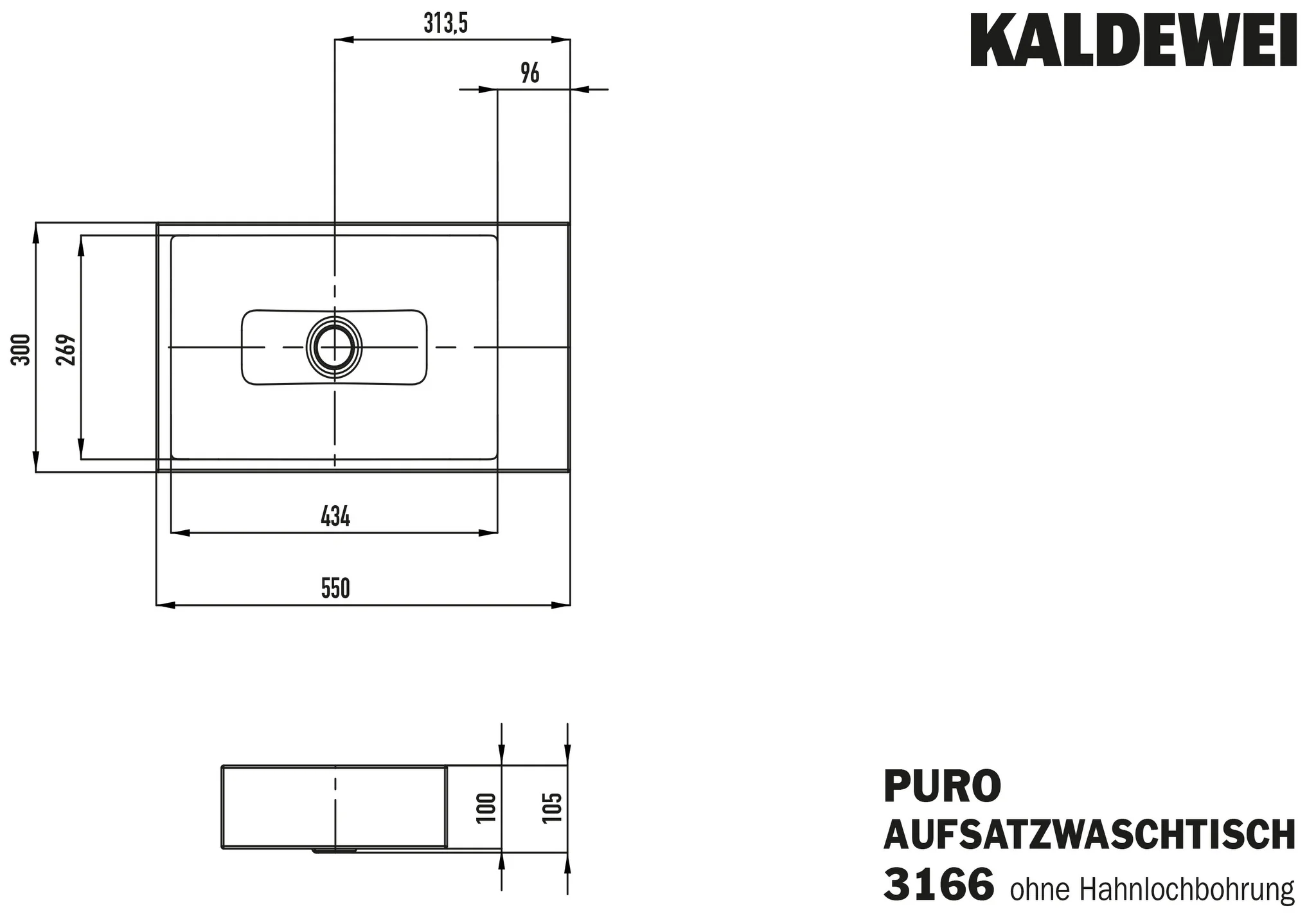 Kaldewei PURO Aufsatz-Handwaschtisch, warm grey, 550 x 300 mm, 100 mm Randhöhe, ohne Überlauf, Perl-Effekt, Antidröhn, beidseitig emailliert