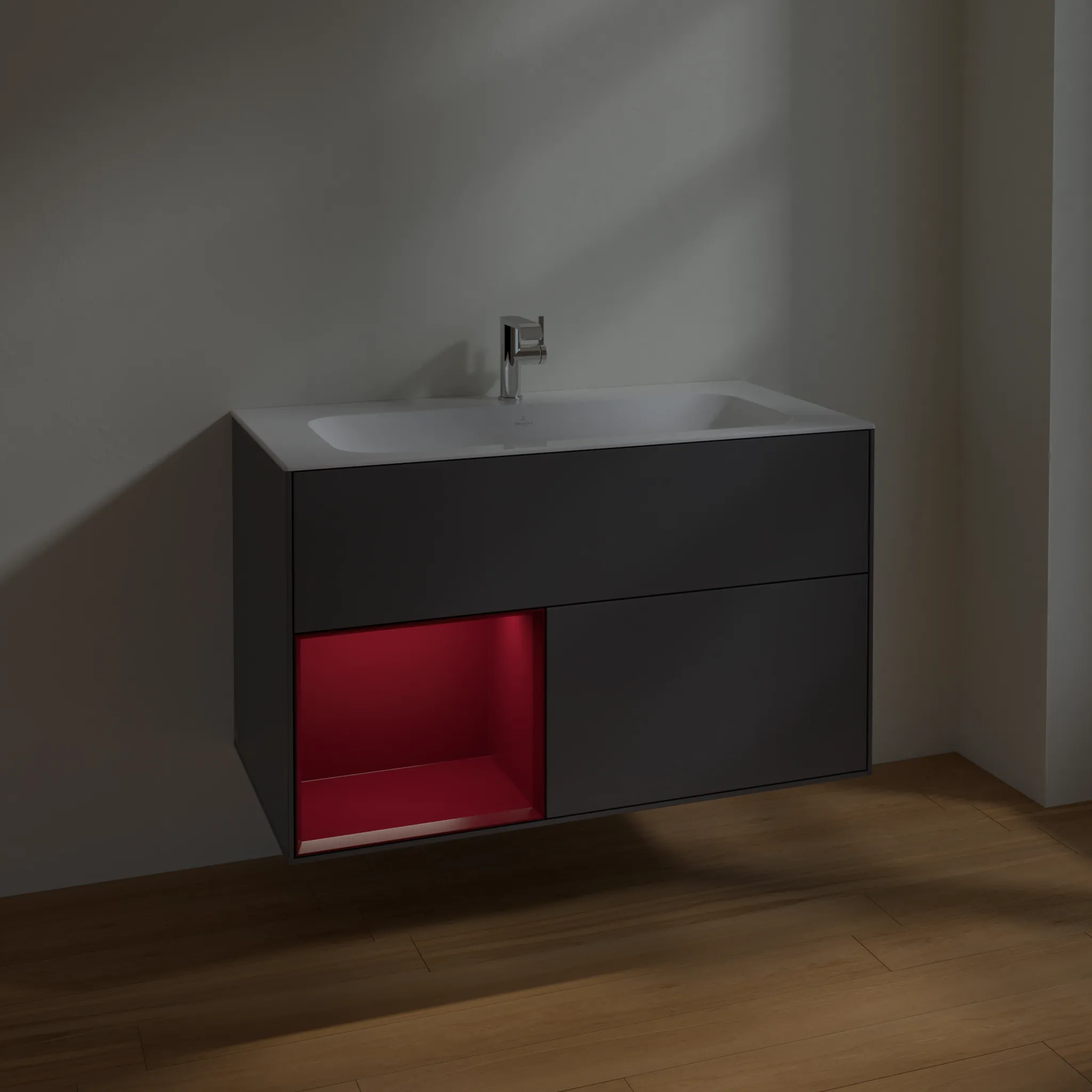 Villeroy & Boch Waschbeckenunterschrank Finion F03, Anthracite Matt Lacquer / Peony Matt Lacquer, 996x591x498 mm, mit Beleuchtung und Push-to-open Funktion Villeroy & Boch Waschbeckenunterschrank Finion F03, Anthracite Matt Lacquer / Peony Matt Lacquer, 996x591x498 mm, mit Beleuchtung und Push-to-open Funktion