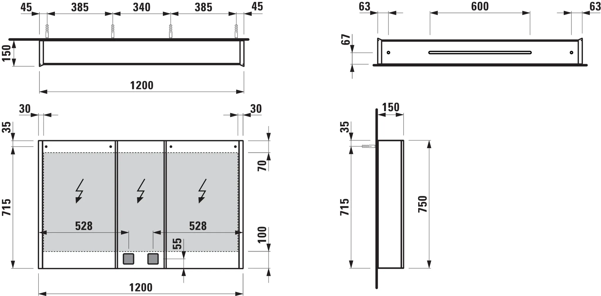 Laufen Spiegelschrank FRAME 25 LED-Beleuchtung vertikal Sensor-Schalter mit Steckdose 1200x750x150 3 Türen verspiegelt Laufen Spiegelschrank FRAME 25 LED-Beleuchtung vertikal Sensor-Schalter mit Steckdose 1200x750x150 3 Türen verspiegelt