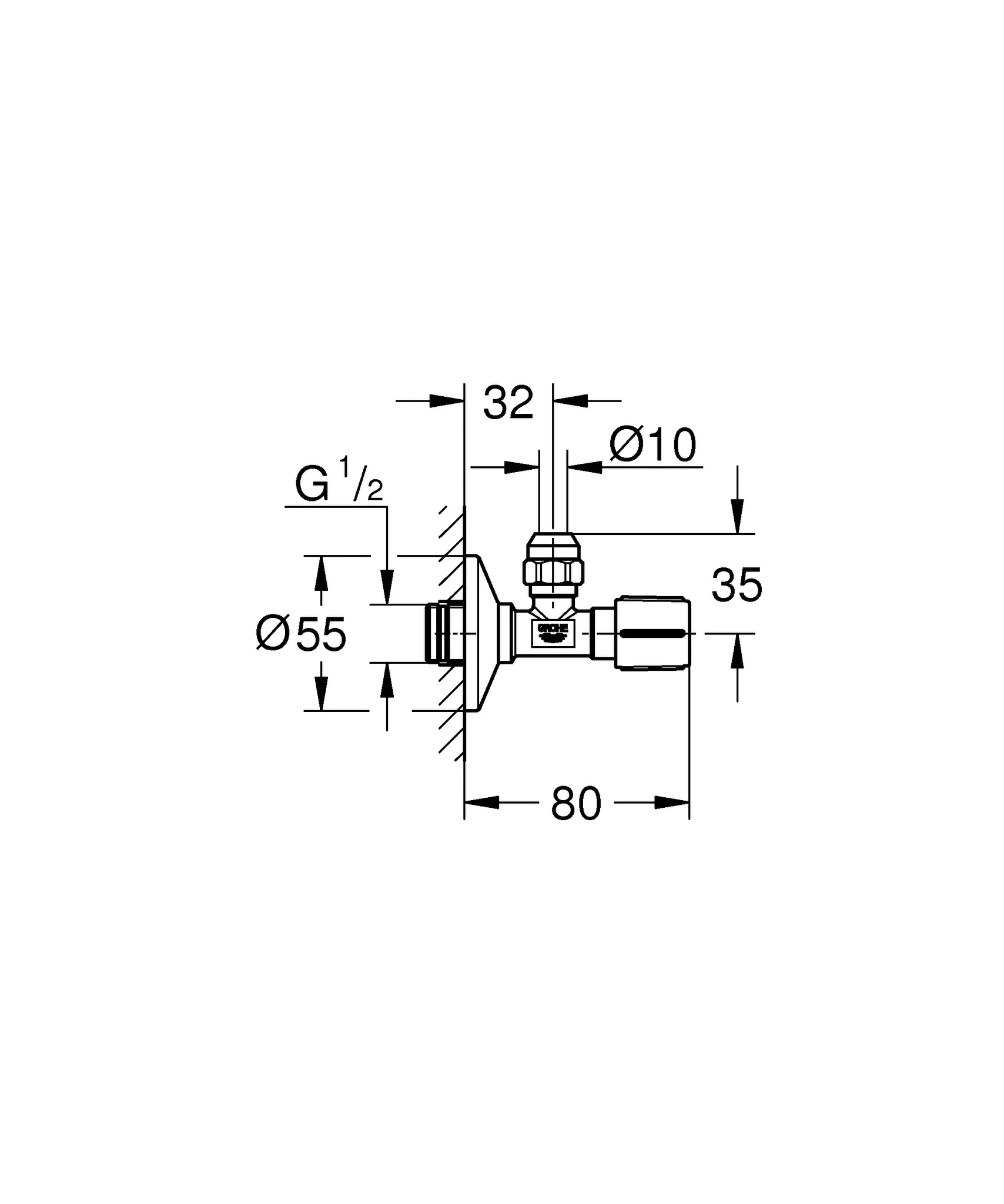 Eckventil 22039, DN 15, selbstdichtendes Anschlussgewinde, Wandanschluss 1/2'', Abgang 3/8'', langer Schubschaft, Quetschverschraubung Ø 10 mm, Schubrosette aus Metall, chrom