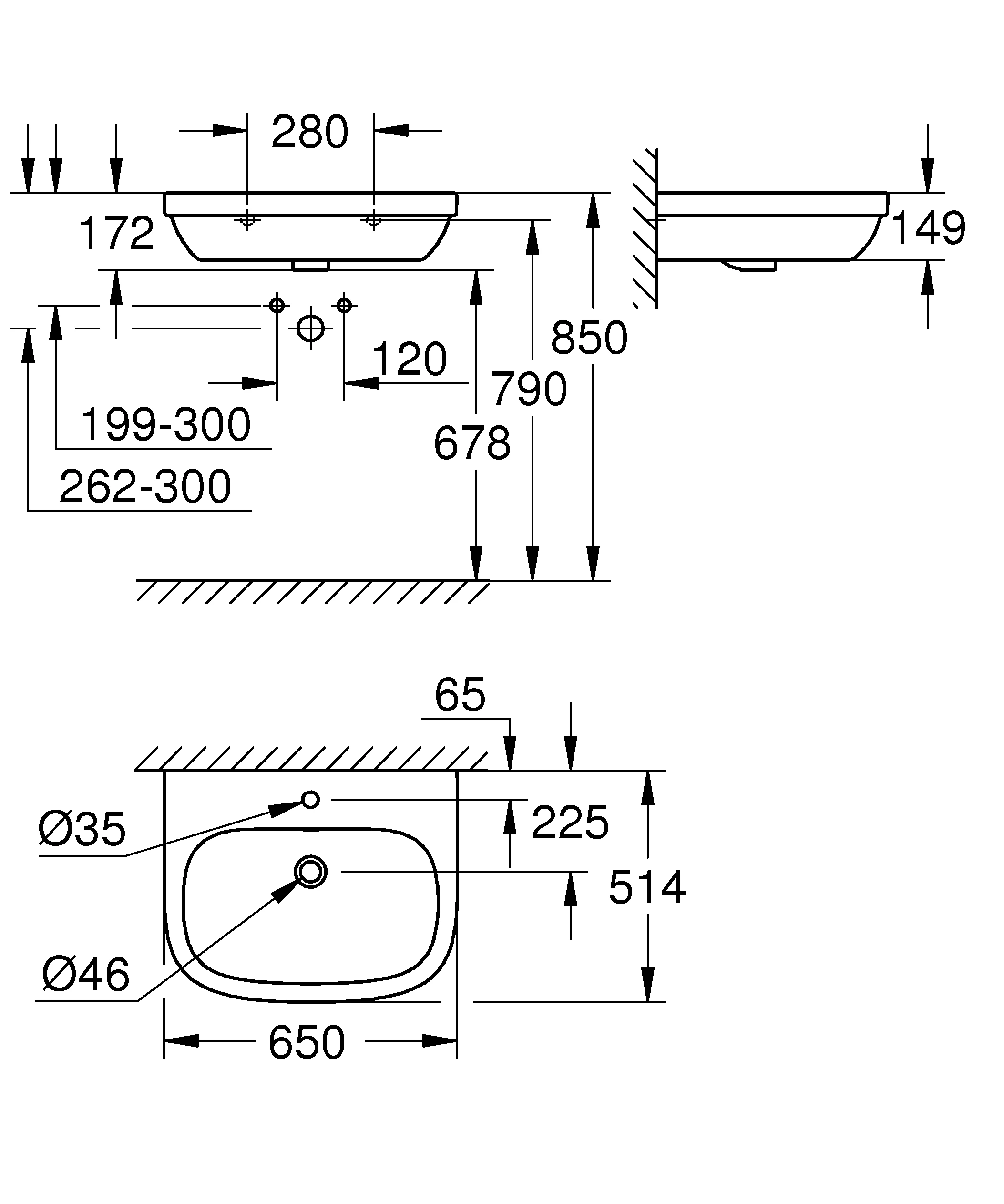 Waschtisch Euro Keramik 39323, wandhängend, 650 x 515 mm, 1 Hahnloch, mit Überlauf, aus Sanitärkeramik, alpinweiß