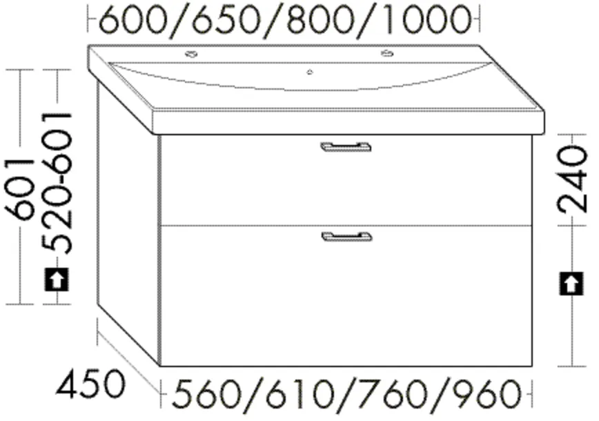 Waschtischunterschrank Sys30 von burgbad – 450 mm tief, 560 mm breit, 601 mm hoch, 1 Schublade oben (300 mm), 1 Auszug unten (350 mm)