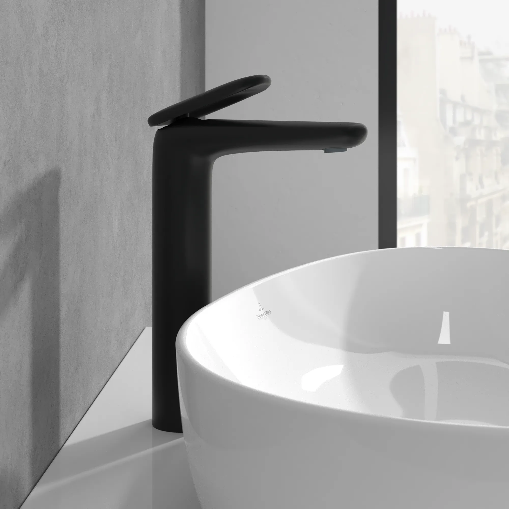 Villeroy & Boch Antao Einhebel-Waschtischarmatur erhöhter Standmontage, rund, Matt Black, 49,75 x 184 x 286 mm, mit Push-Open-Ablaufgarnitur und AirPlus-Technologie