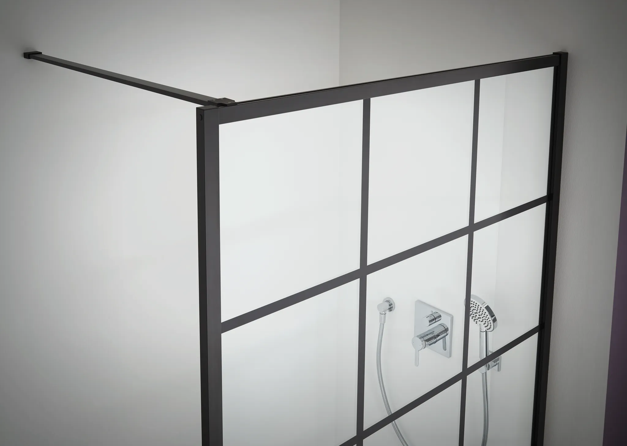 Kermi Duschdesign Walk-In-Duschkabine Dekor Print „WALK-IN XD“ Glas Klar, Profile Schwarz Soft (RAL 9005), BV: 890 - 910 mm WE: 890 - 910 mm H: 2000 mm