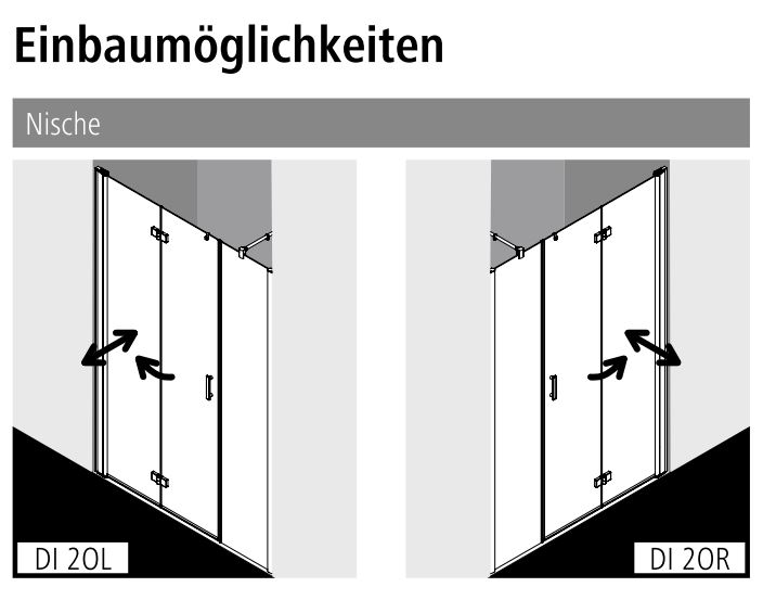 Kermi Pendel-Falttür mit Festfeld rechts „Diga“ Glas Klar, Falttür BV: 1580 - 1620 mm WE: 1580 - 1620 mm H: 1850 mm