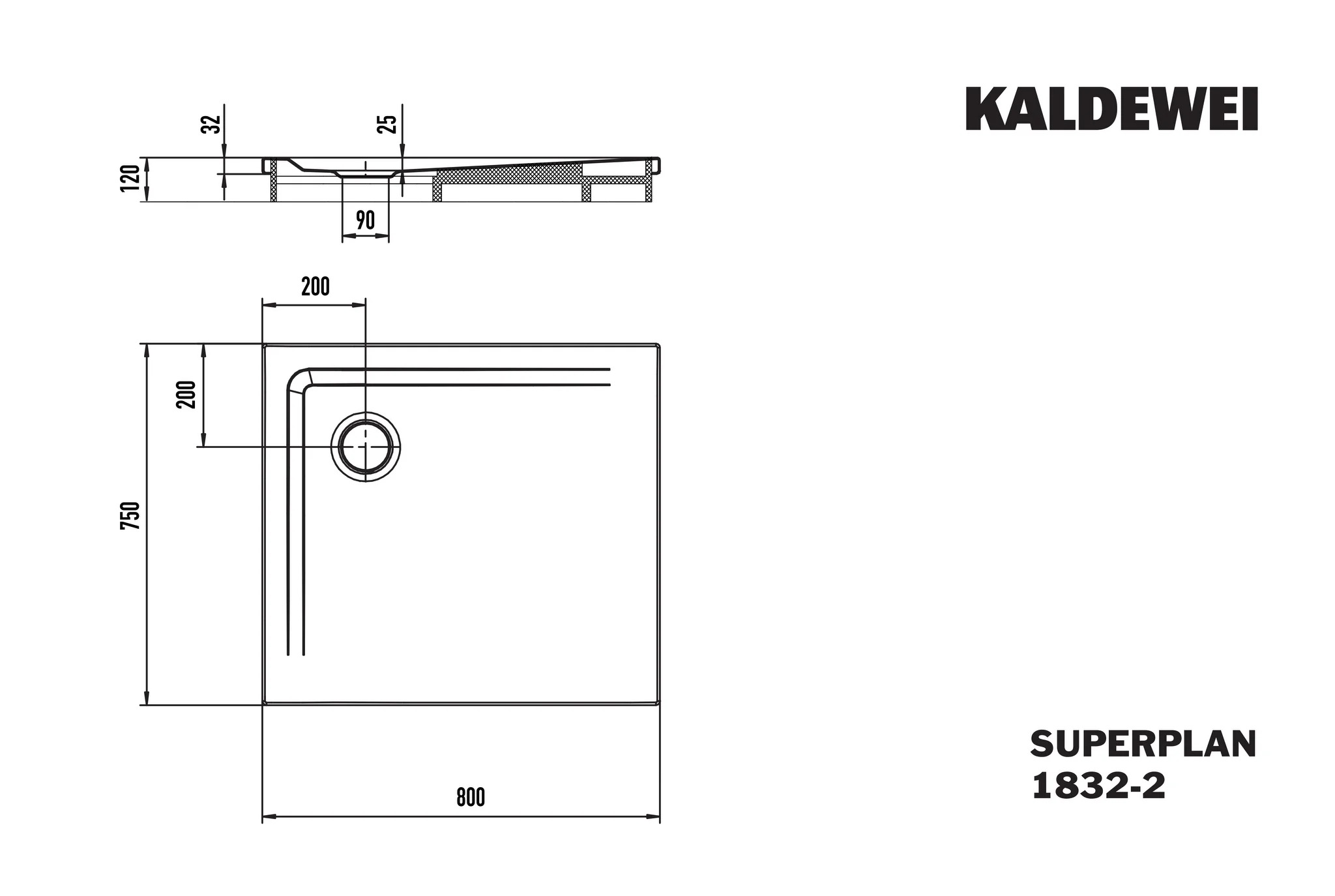 Kaldewei SUPERPLAN Duschfläche mit Wannenträger, 750x800 mm, warm grey 10, Perl-Effekt, 25 mm tief, Eckablauf