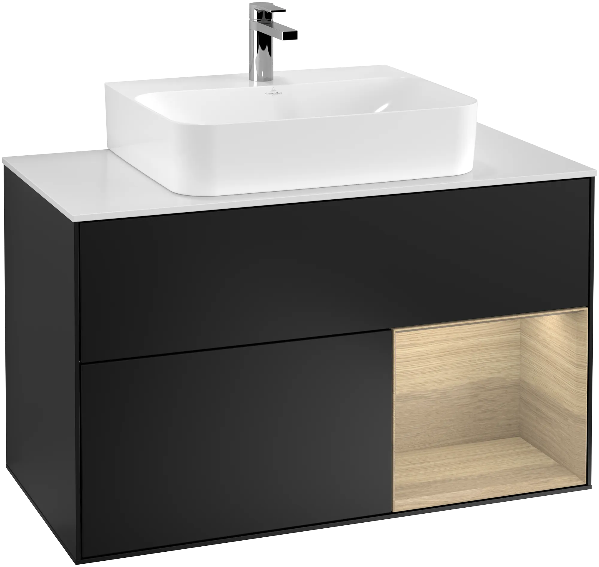 Villeroy & Boch Finion Waschbeckenunterschrank G12, 1000 x 603 x 501 mm, Black Matt Lacquer / Oak Veneer / Glass White Matt
