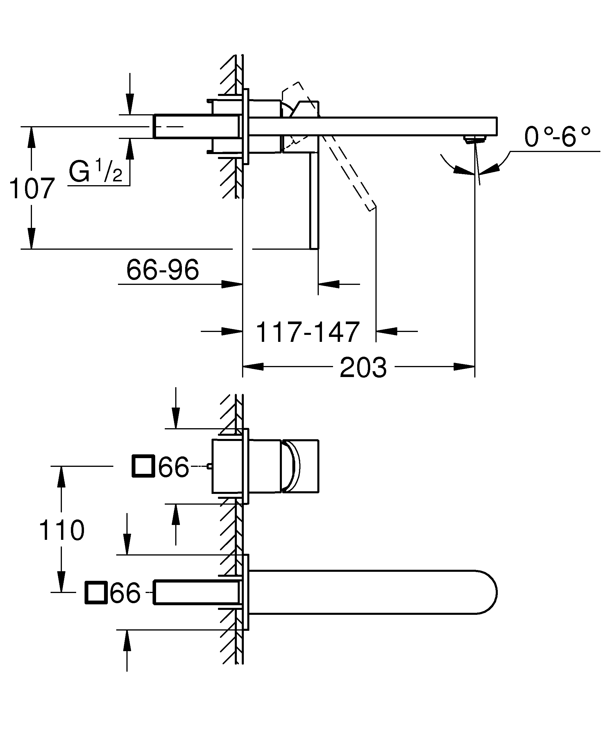 2-Loch-Waschtischbatterie Plus 29306_3, Wandmontage, Fertigmontageset für 23 200, Ausladung 203 mm, chrom