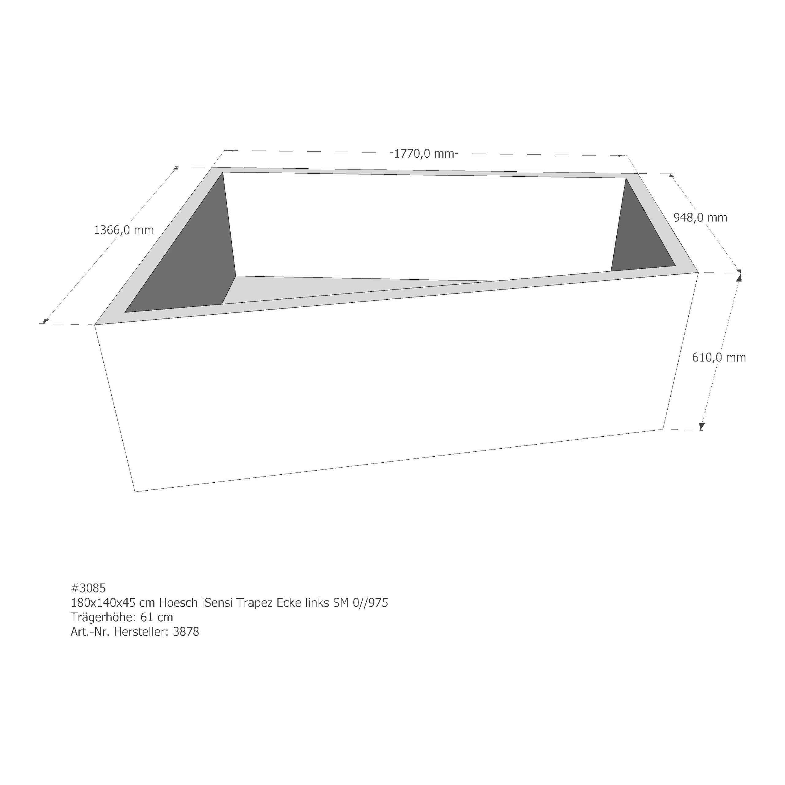 Badewannenträger für Hoesch iSensi links 180 × 140 × 45 cm Badewannenträger für Hoesch iSensi links 180 × 140 × 45 cm