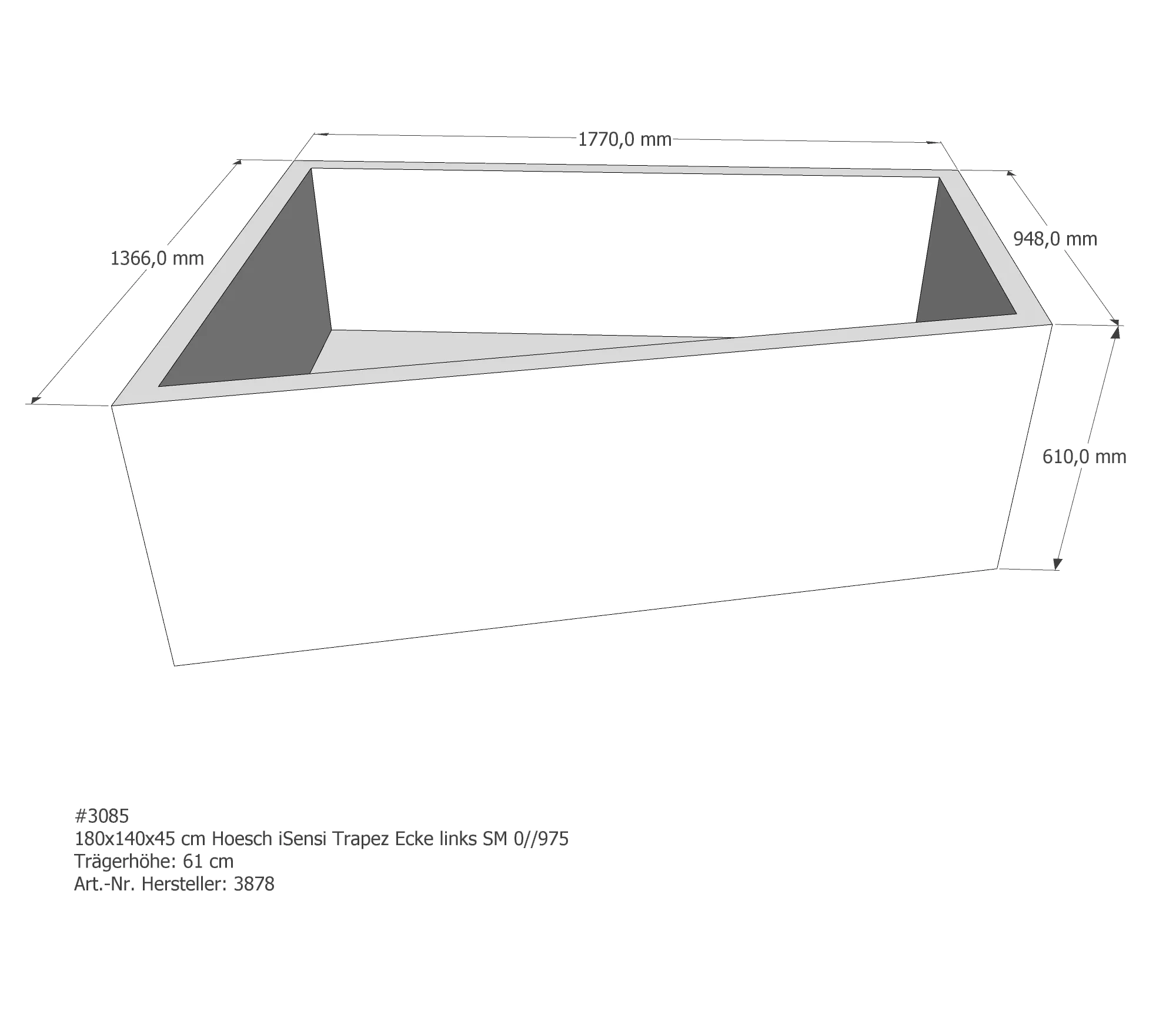 Badewannenträger für Hoesch iSensi links 180 × 140 × 45 cm