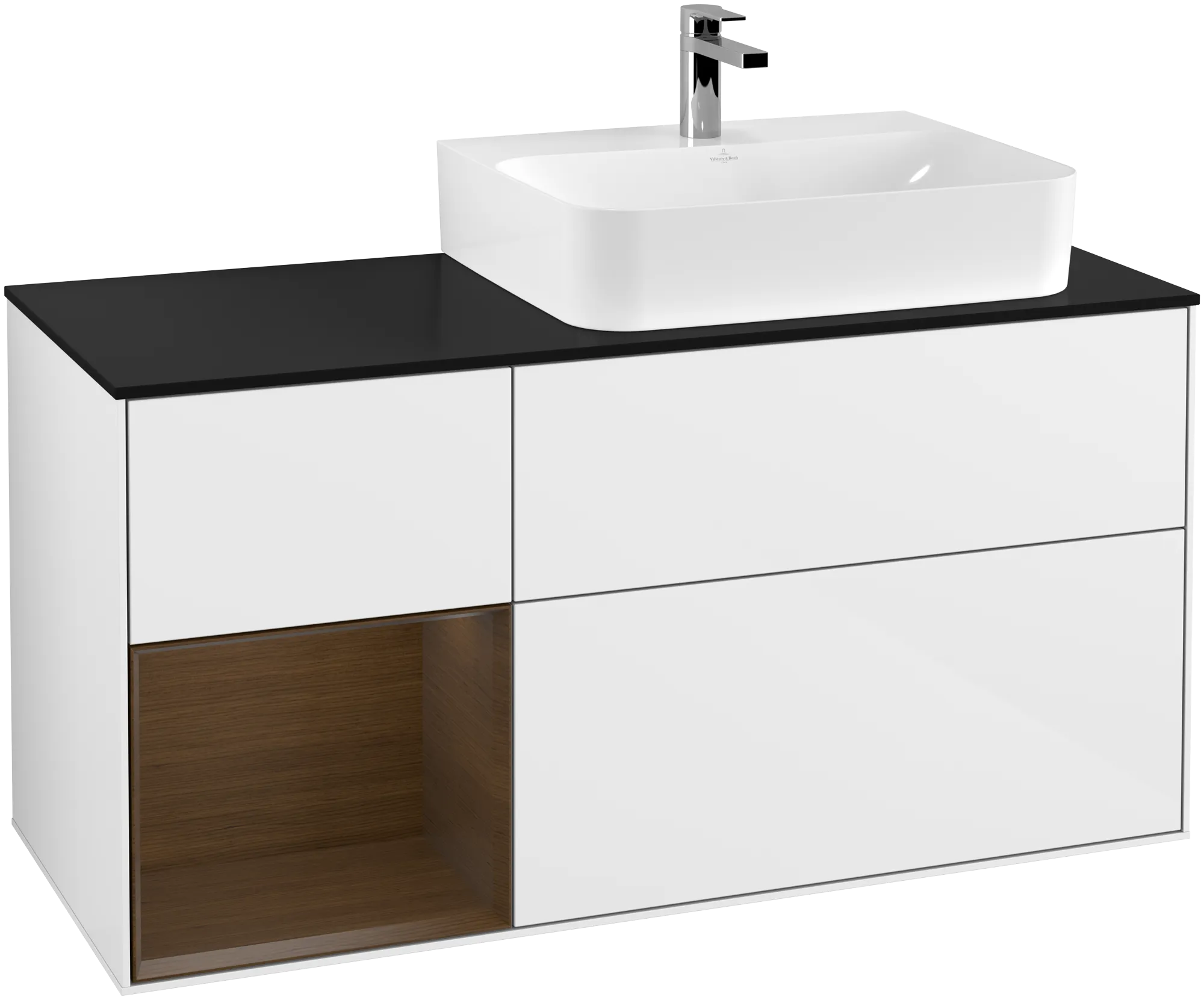 Villeroy & Boch Finion Waschbeckenunterschrank G14 1200x603x501mm Glossy White Lacquer / Walnut Veneer / Glass Black Matt