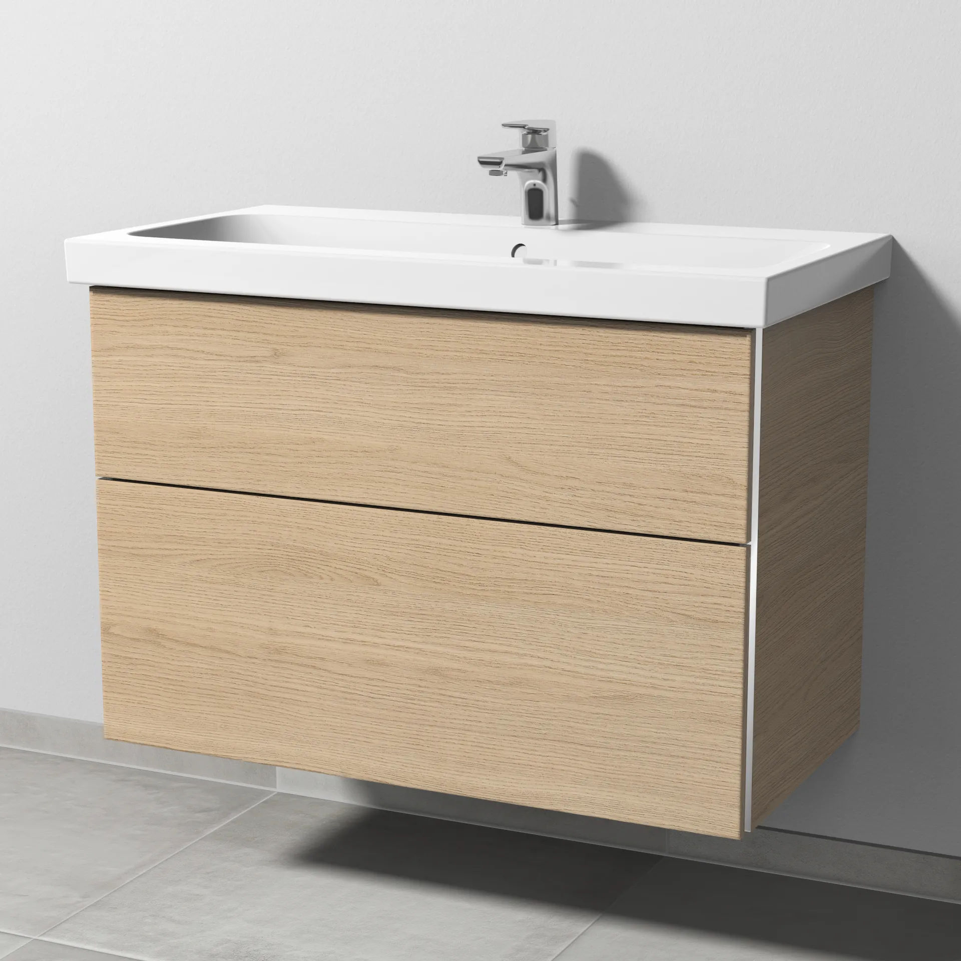 Sanipa Waschtischunterschrank „3way“ passend zu Keramik-Waschtische iCon Light von Geberit 850 × 591 × 462 mm in Eiche Nordic, Becken mittig, mit