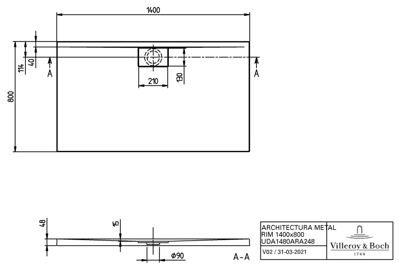 Villeroy & Boch rechteck Duschwanne „Architectura MetalRim“ 140 × 80 cm ohne Oberflächenbeschichtung, in Weiß Alpin