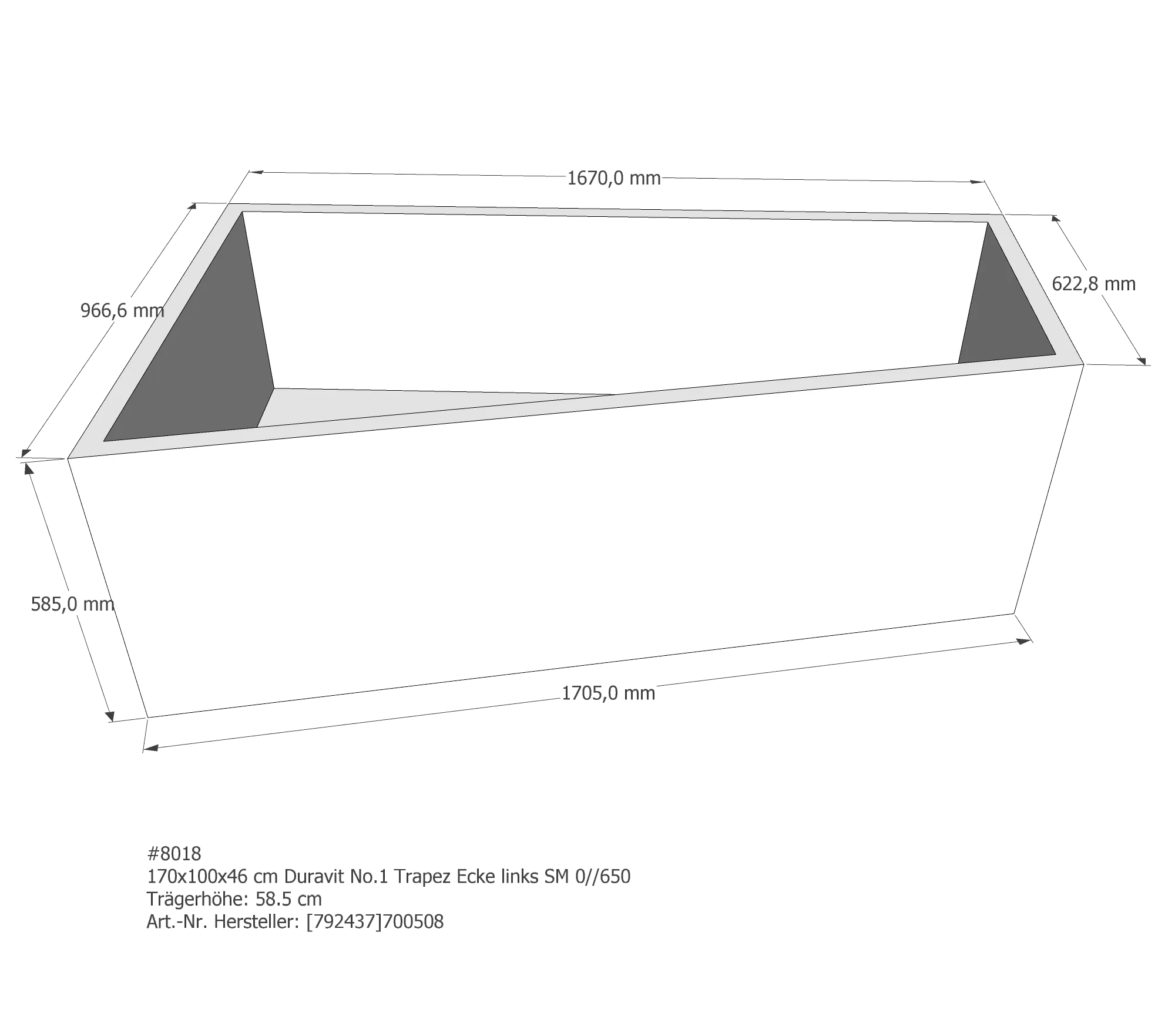 Badewannenträger passend für Duravit No.1 links 170 × 100 × 46 cm