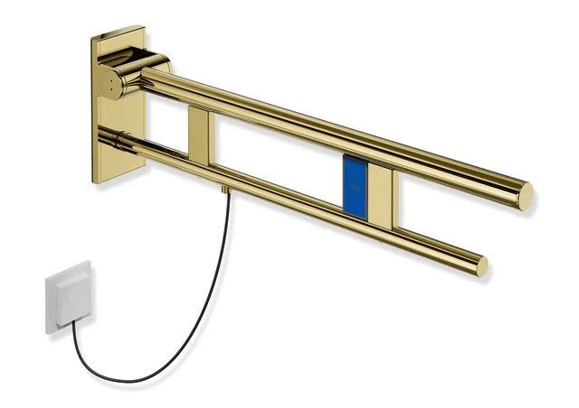 HEWI Stützklappgriff Duo, System 900, Design A, Edelstahl PVD gold glänzend, Ausladung 700 mm, Spülauslösung links HEWI Stützklappgriff Duo, System 900, Design A, Edelstahl PVD gold glänzend, Ausladung 700 mm, Spülauslösung links