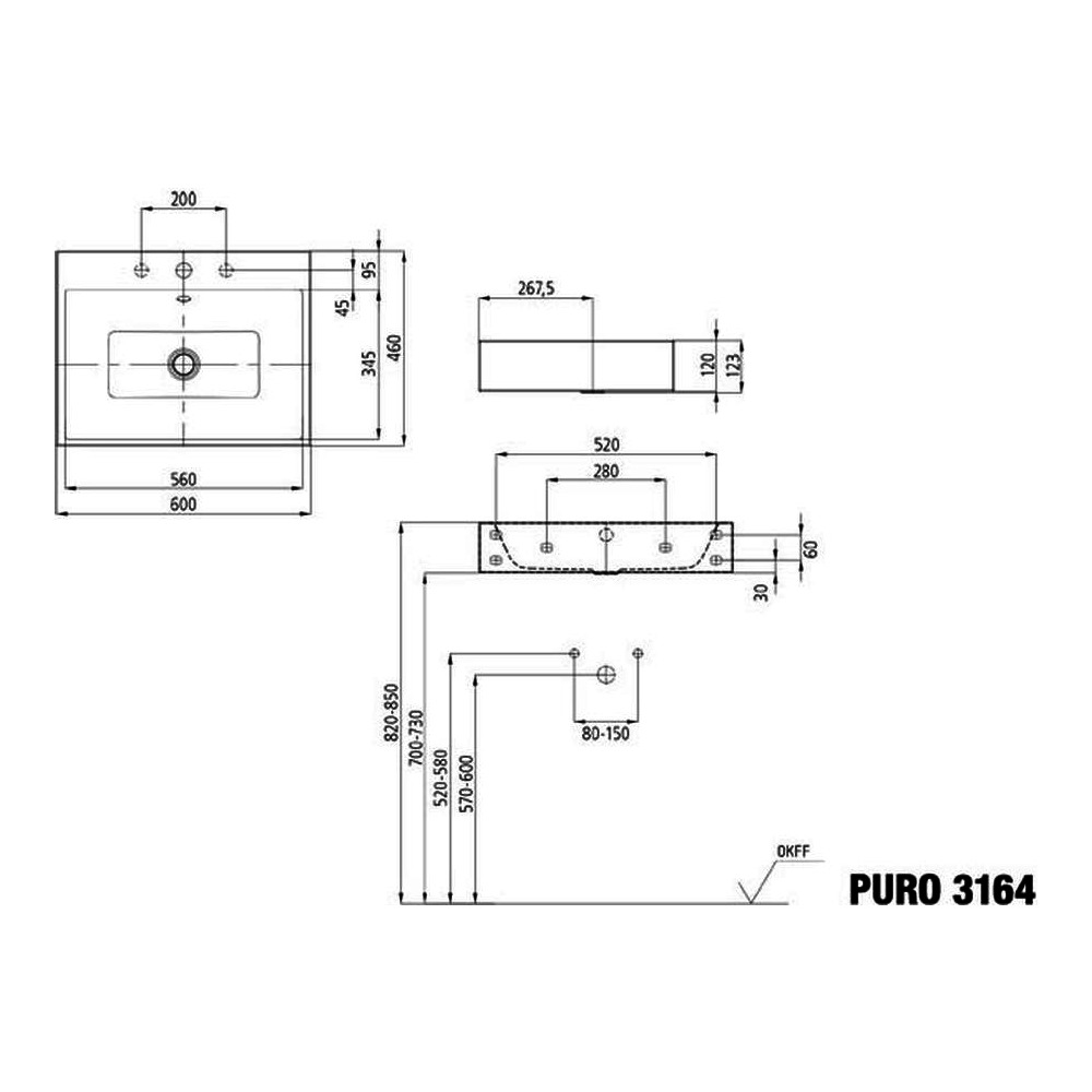 Wandwaschtisch „Puro“ 60 × 46 cm, mit Hahnlochbohrung mit Perl-Effekt