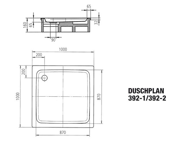 Komplettset Duschplan 100 × 100 cm mit Träger und KA90-Ablauf