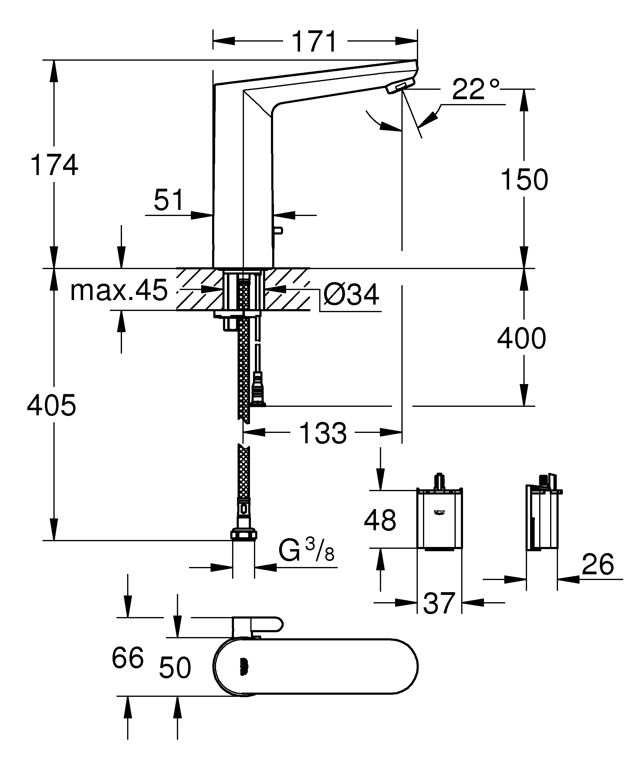 Infrarot-Elektronik für Waschtisch Eurosmart CE 36422_1 L-Size, mit Mischung, 6V Lithium-Batterie, Armaturengruppe I, Schutzart IP 59