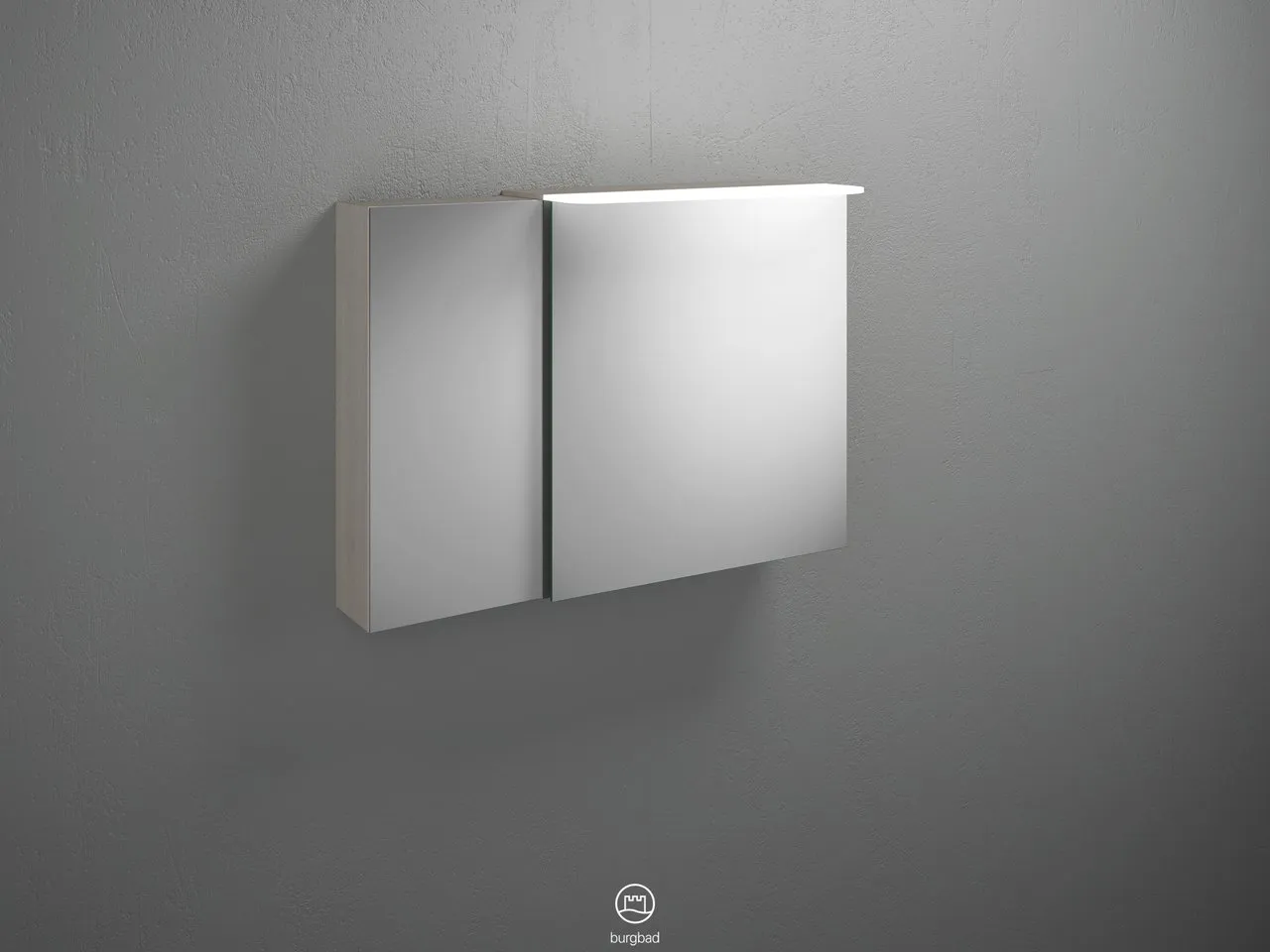 Spiegelschrank Badu von burgbad - 900 mm breit, 310 mm tief, 665 mm hoch mit LED-Aufsatzleuchte und beidseitig verspiegelten Spiegeltüren Spiegelschrank Badu von burgbad - 900 mm breit, 310 mm tief, 665 mm hoch mit LED-Aufsatzleuchte und beidseitig verspiegelten Spiegeltüren