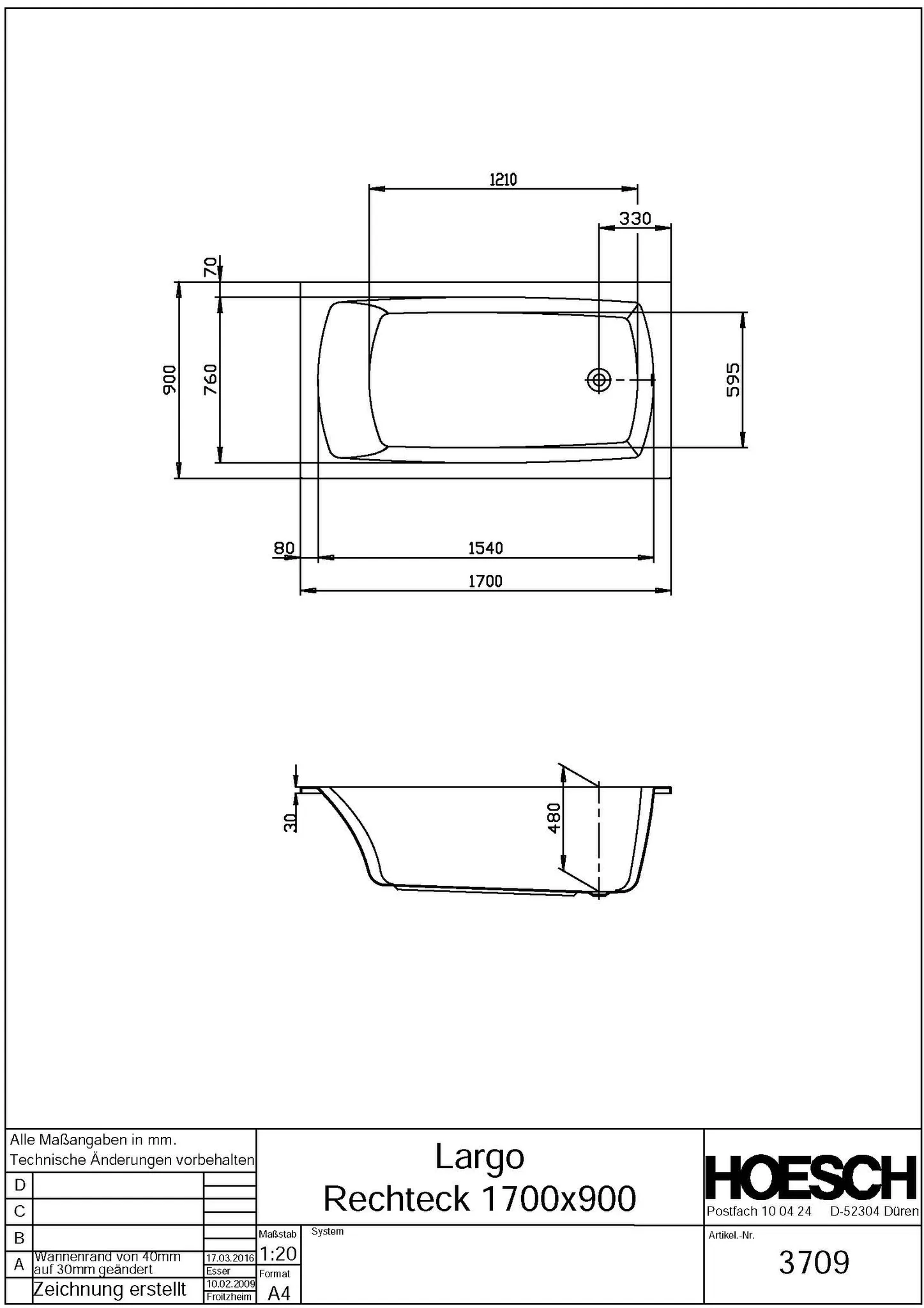 Hoesch Badewanne „Largo“ rechteck 170 × 90 cm in Weiß