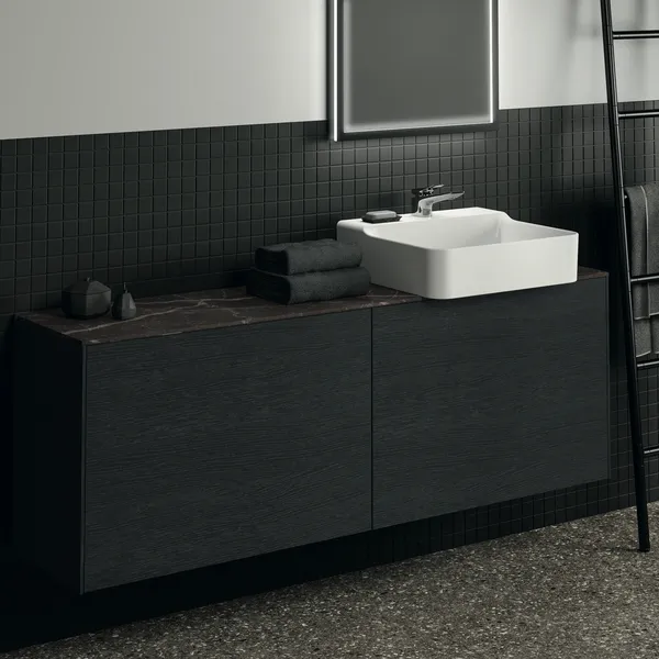 Waschtischplatte Conca, aus Keramik, 1587x373x6mm, Marmor Noir Desir