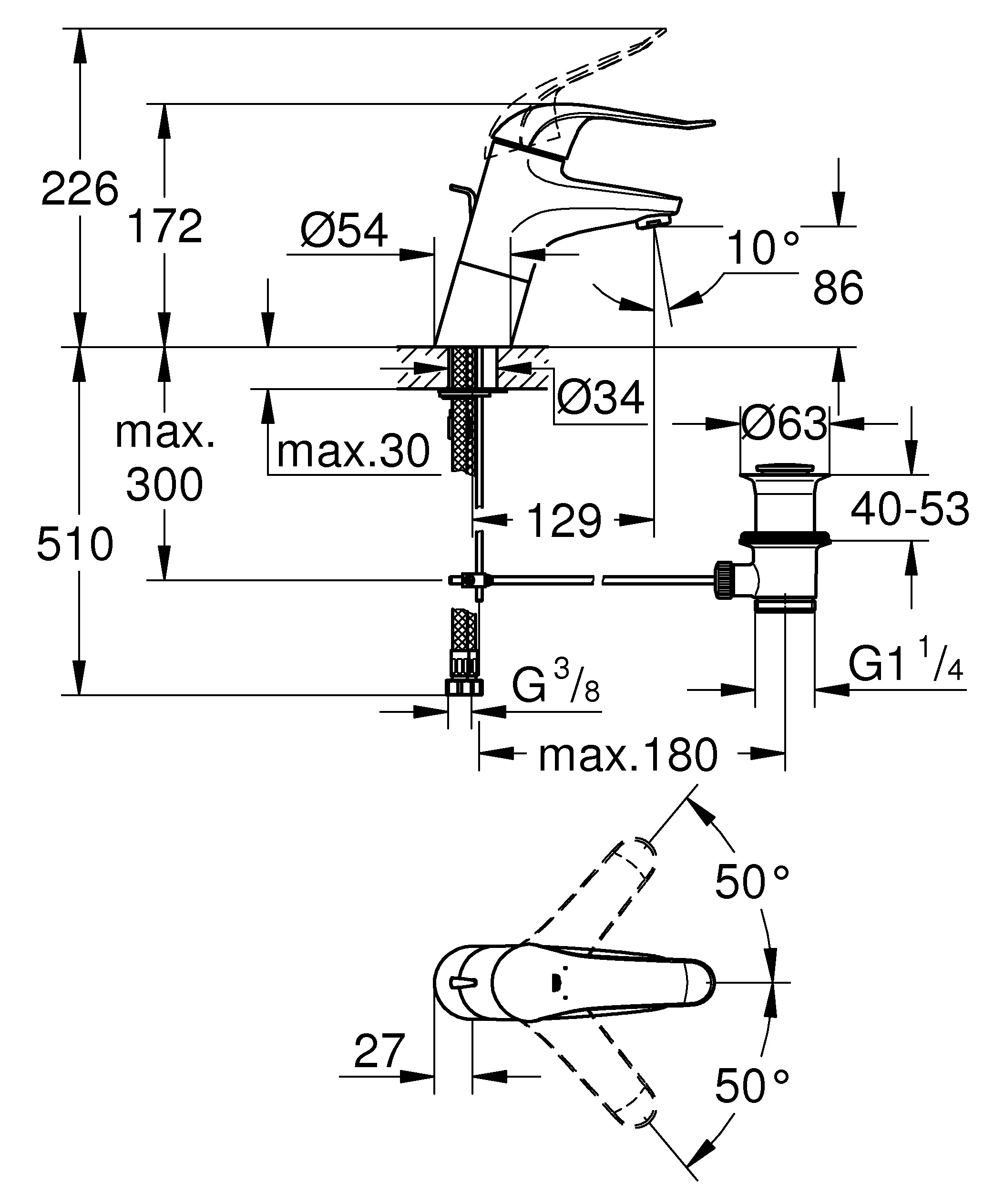 Einhand-Waschtischbatterie Euroeco Special 32766, Einlochmontage, Zugstangen-Ablaufgarnitur 1 1/4'', 46 mm Keramikkartusche, Hebellänge 120 mm, chrom