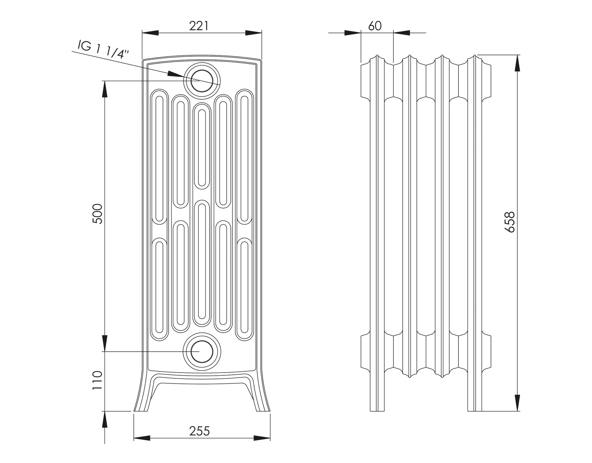 ASW Gussradiator 1 Glied Nabenabstand 500 mm „Stockholm“ 6 × 65,8 × 22,1 cm