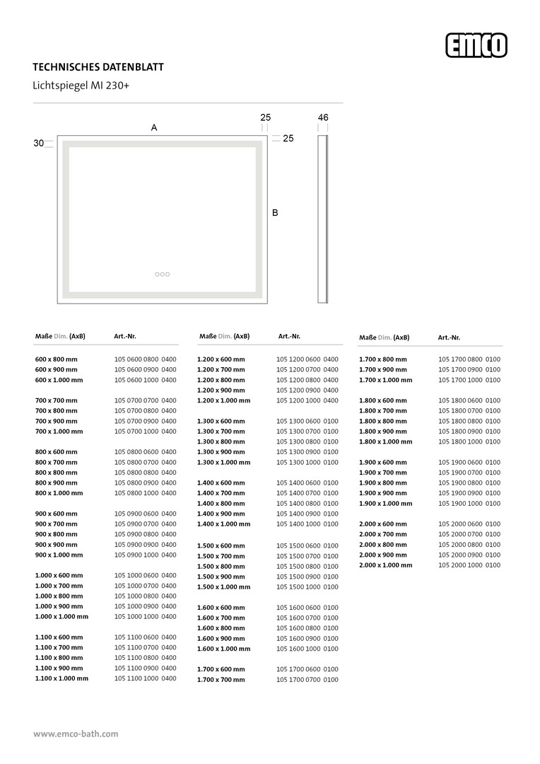 emco Lichtspiegel mit Touch-Bedienfeld „MI 230+“ 70 × 70 cm