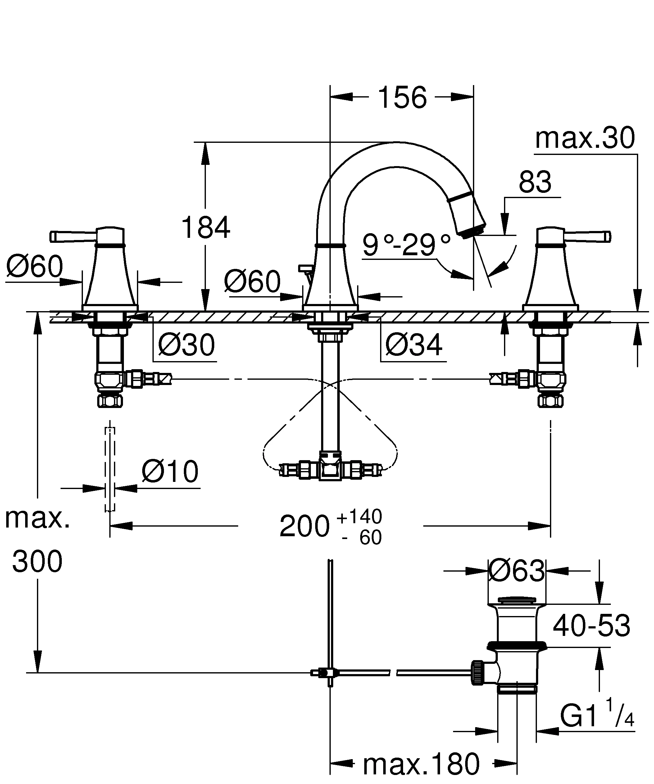 3-Loch-Waschtischbatterie Grandera 20624, Zugstangen-Ablaufgarnitur 1 1/4'', chrom