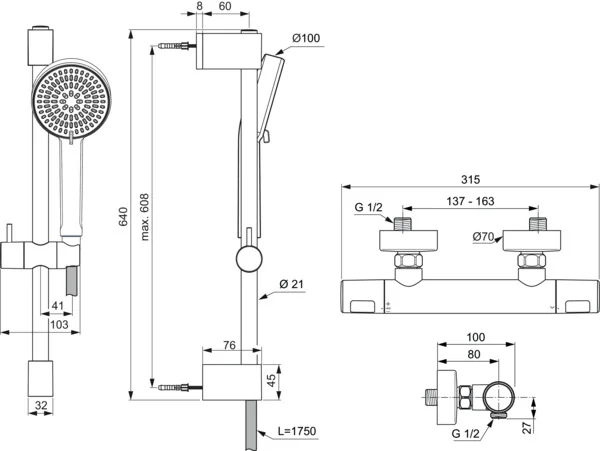Ideal Standard Ceratherm T25 N Brausegarnitur mit Thermostat, Chrom, Brausestange 60 cm