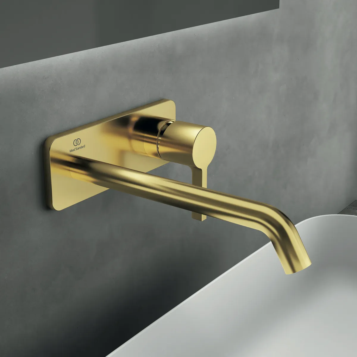 Wand-Waschtischarmatur Joy, Bausatz 2, eckige Rosette, Ausladung 220mm, Brushed Gold Wand-Waschtischarmatur Joy, Bausatz 2, eckige Rosette, Ausladung 220mm, Brushed Gold